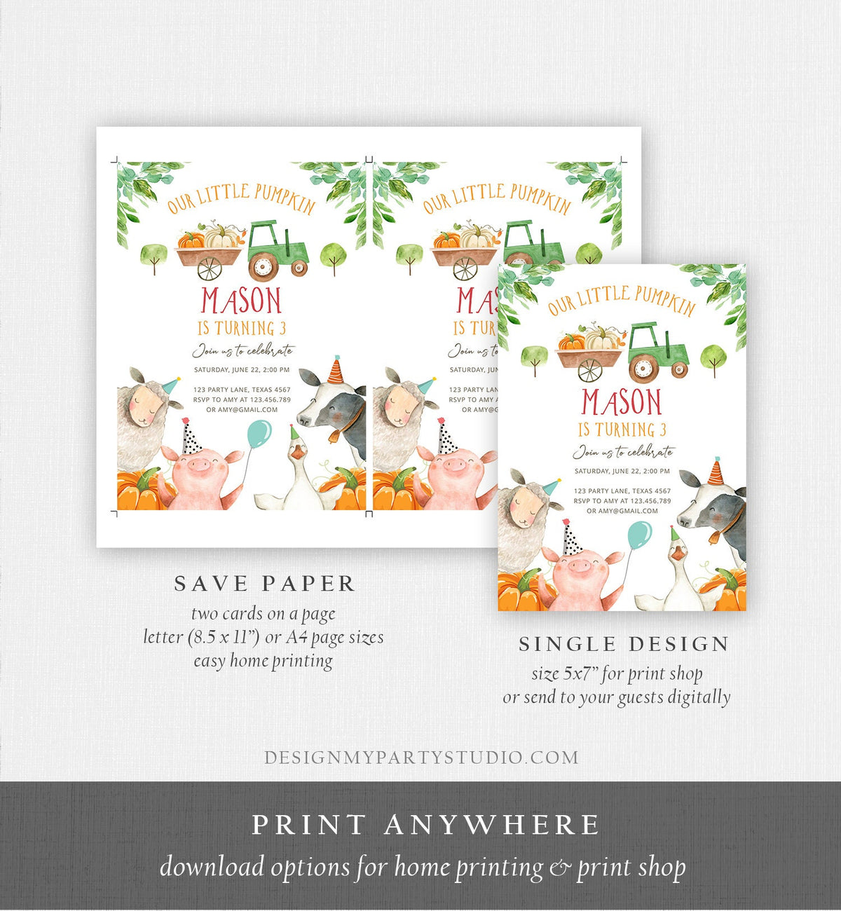 Editable Farm Birthday Invitation Pumpkin Boy Farm Animals Boy Barnyard Fall Green Tractor Download Digital Template Printable 0155