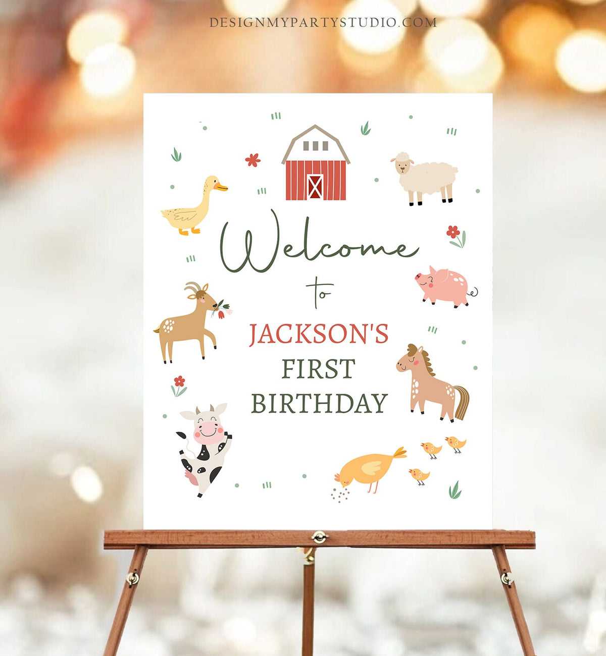Editable Farm Birthday Welcome Sign Barnyard Birthday Welcome Sign Farm Animals Birthday Sign Boy Red Modern Digital Template Printable 0436