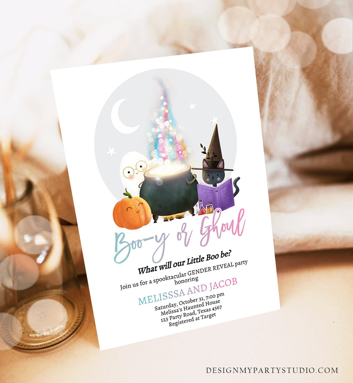 Editable Halloween Gender Reveal Invitation Little Boo Ghost Boo-y or Ghoul Pink Blue Ghost Halloween Digital Template Printable 0480 0009