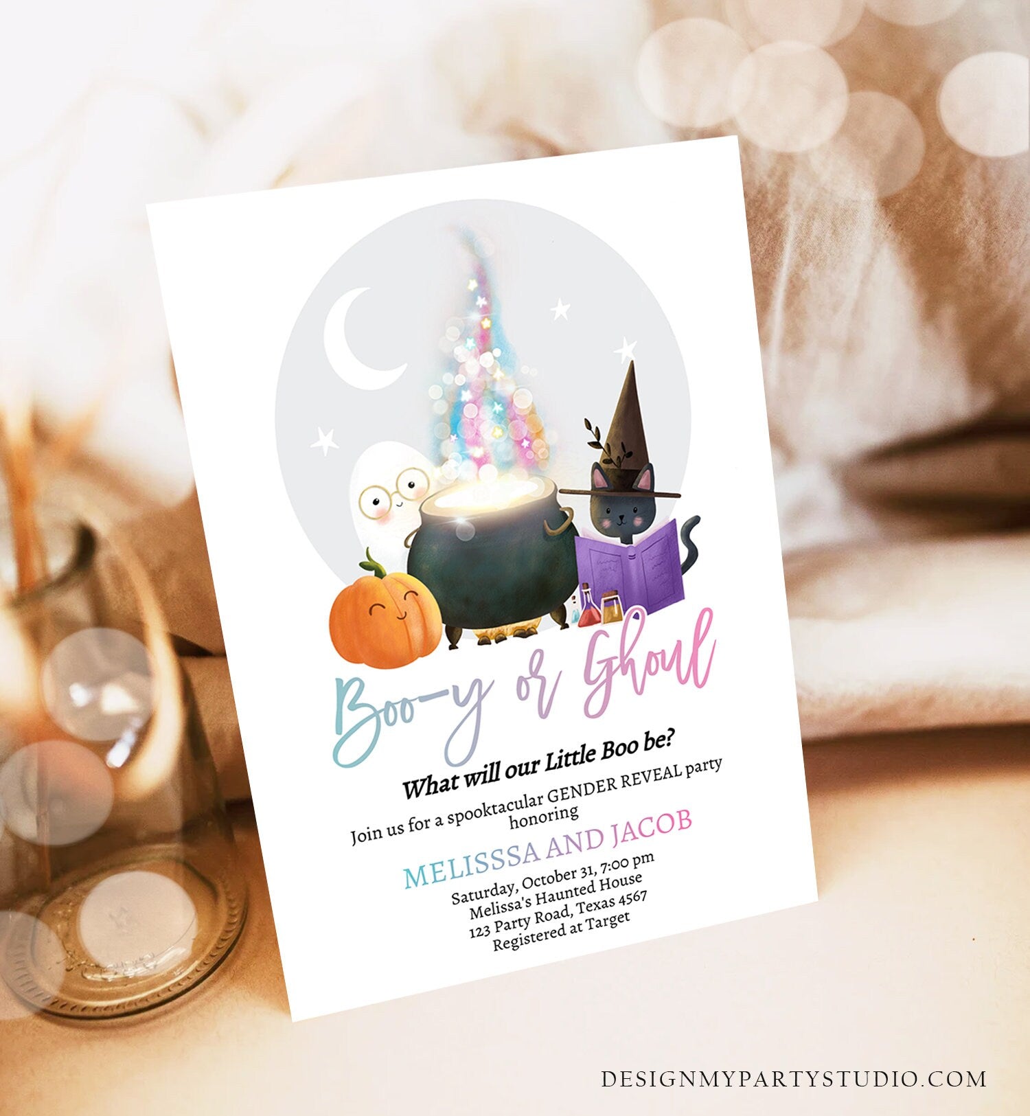 Editable Halloween Gender Reveal Invitation Little Boo Ghost Boo-y or Ghoul Pink Blue Ghost Halloween Digital Template Printable 0480 0009