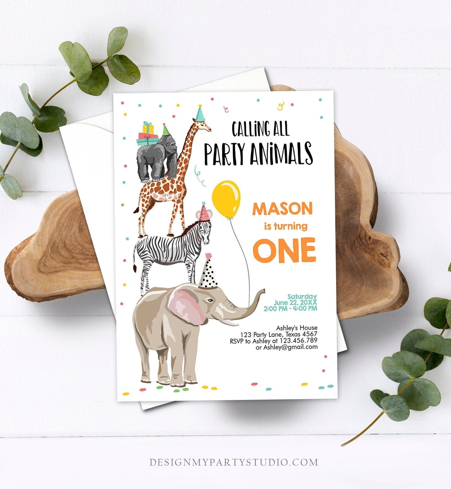 Editable Party Animals Birthday Invitation Wild One Animals Invitation Zoo Safari Animals Boy Download Corjl Template Printable 0142