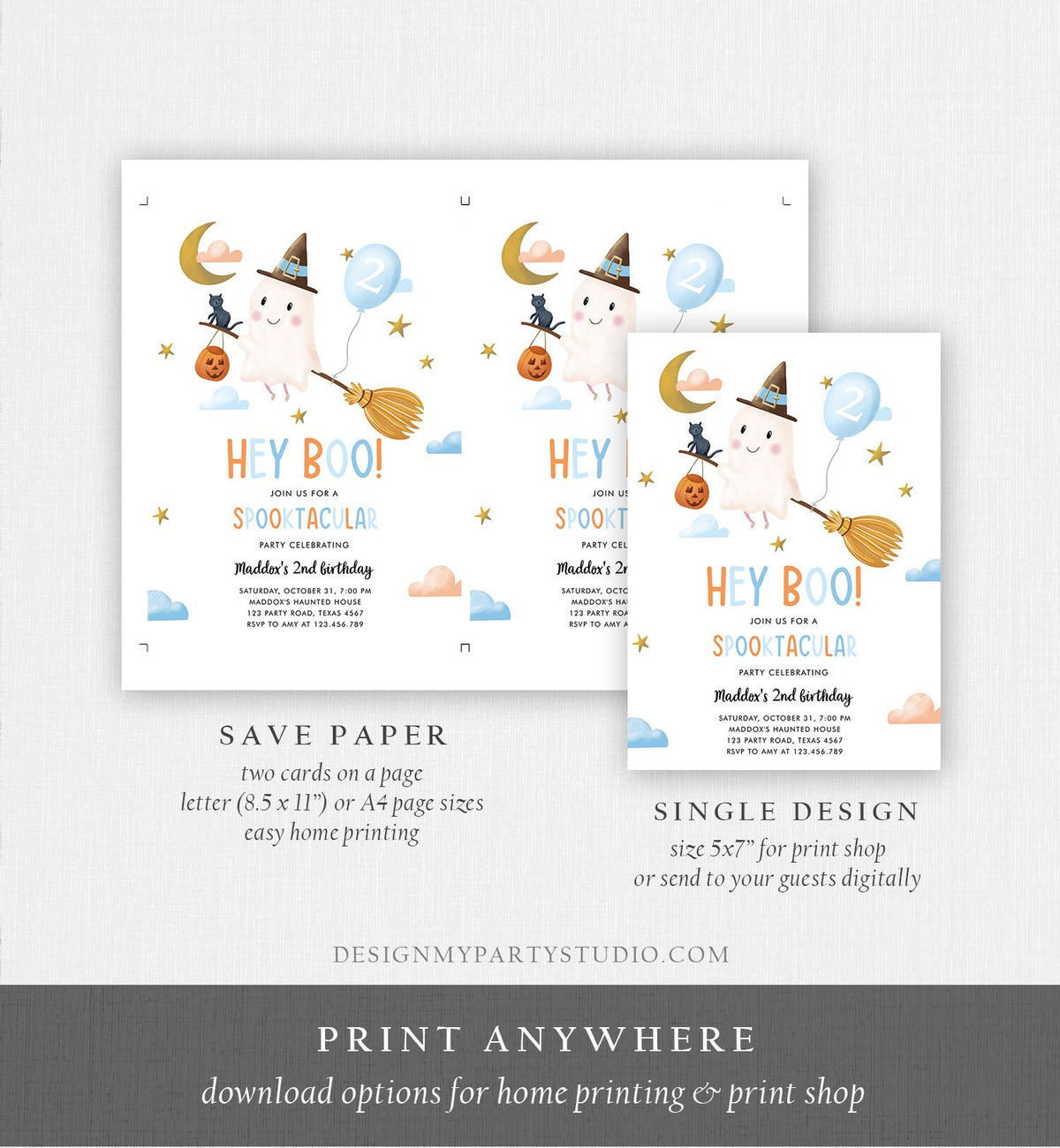 Editable Halloween Birthday Invitation Boy Ghost Costume Party Blue Kids Spooktacular Spooky Hey Boo Printable Template Evite 0479 0009