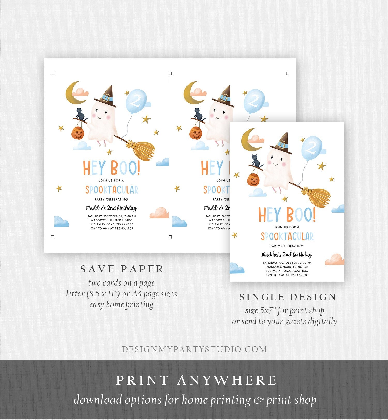 Editable Halloween Birthday Invitation Boy Ghost Costume Party Blue Kids Spooktacular Spooky Hey Boo Printable Template Evite 0479 0009