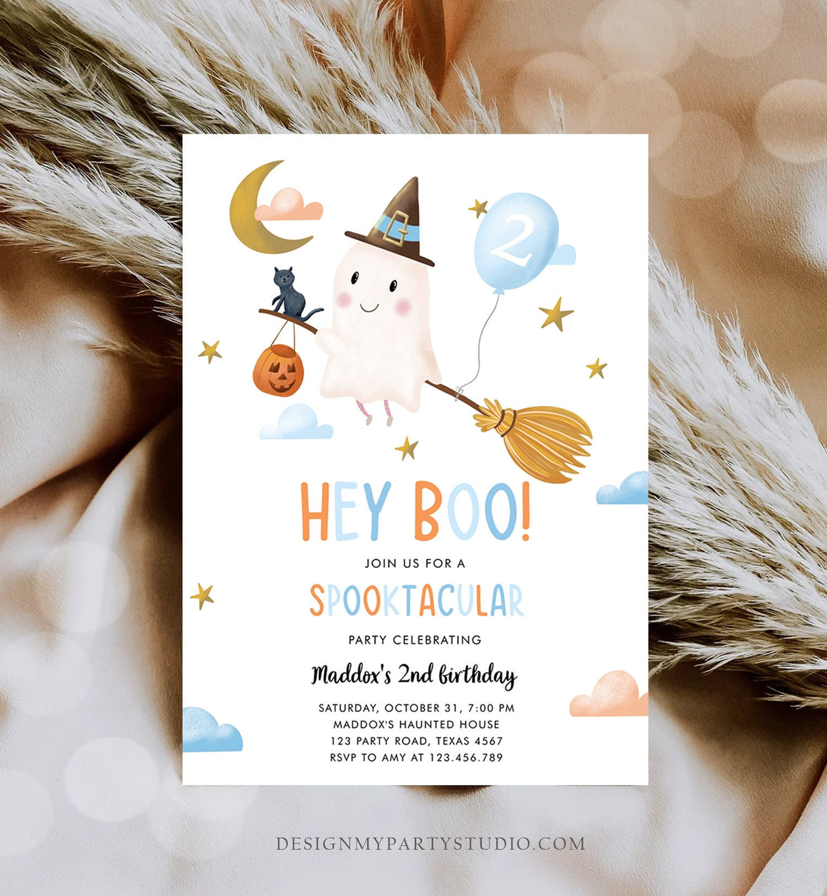 Editable Halloween Birthday Invitation Boy Ghost Costume Party Blue Kids Spooktacular Spooky Hey Boo Printable Template Evite 0479 0009