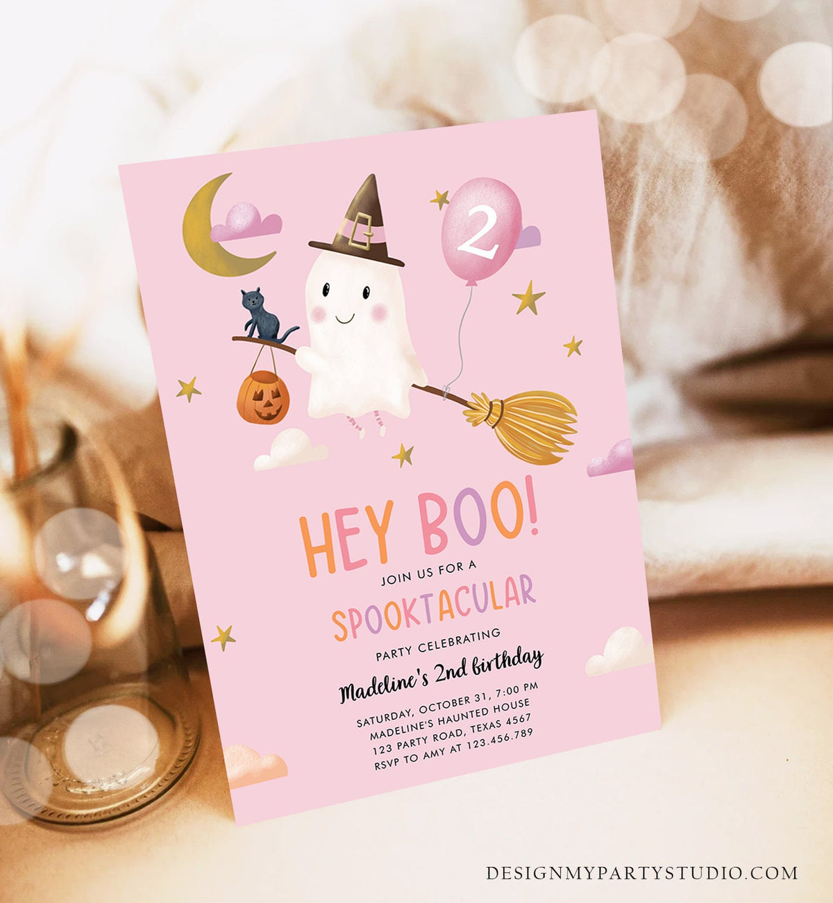 Editable Halloween Birthday Invitation Girl Ghost Costume Party Pink Spooktacular Spooky Hey Boo Digital Download Template Printable 0479