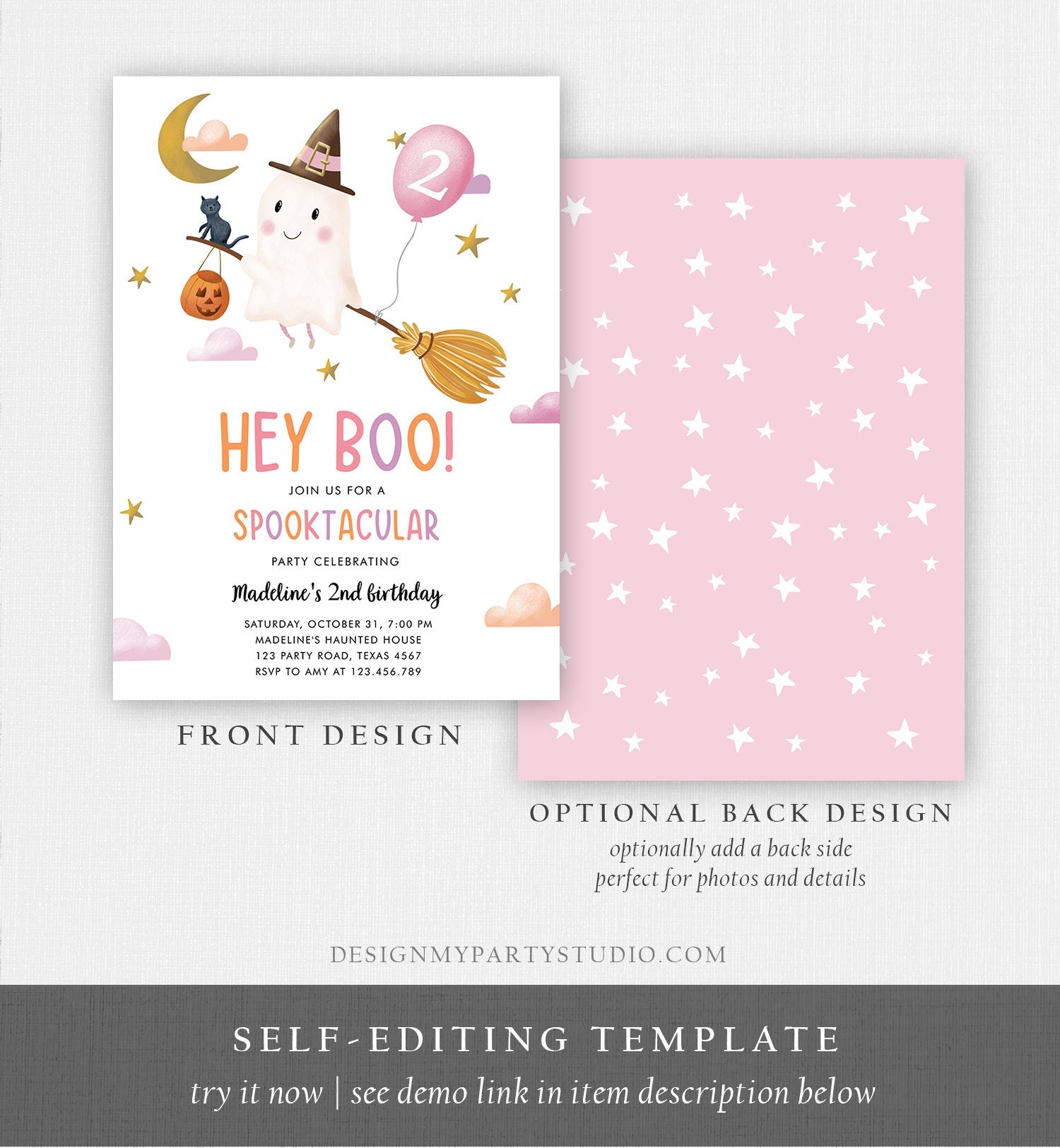 Editable Halloween Birthday Invitation Girl Ghost Costume Party Pink Kids Spooktacular Spooky Hey Boo Printable Template Evite 0479 0009