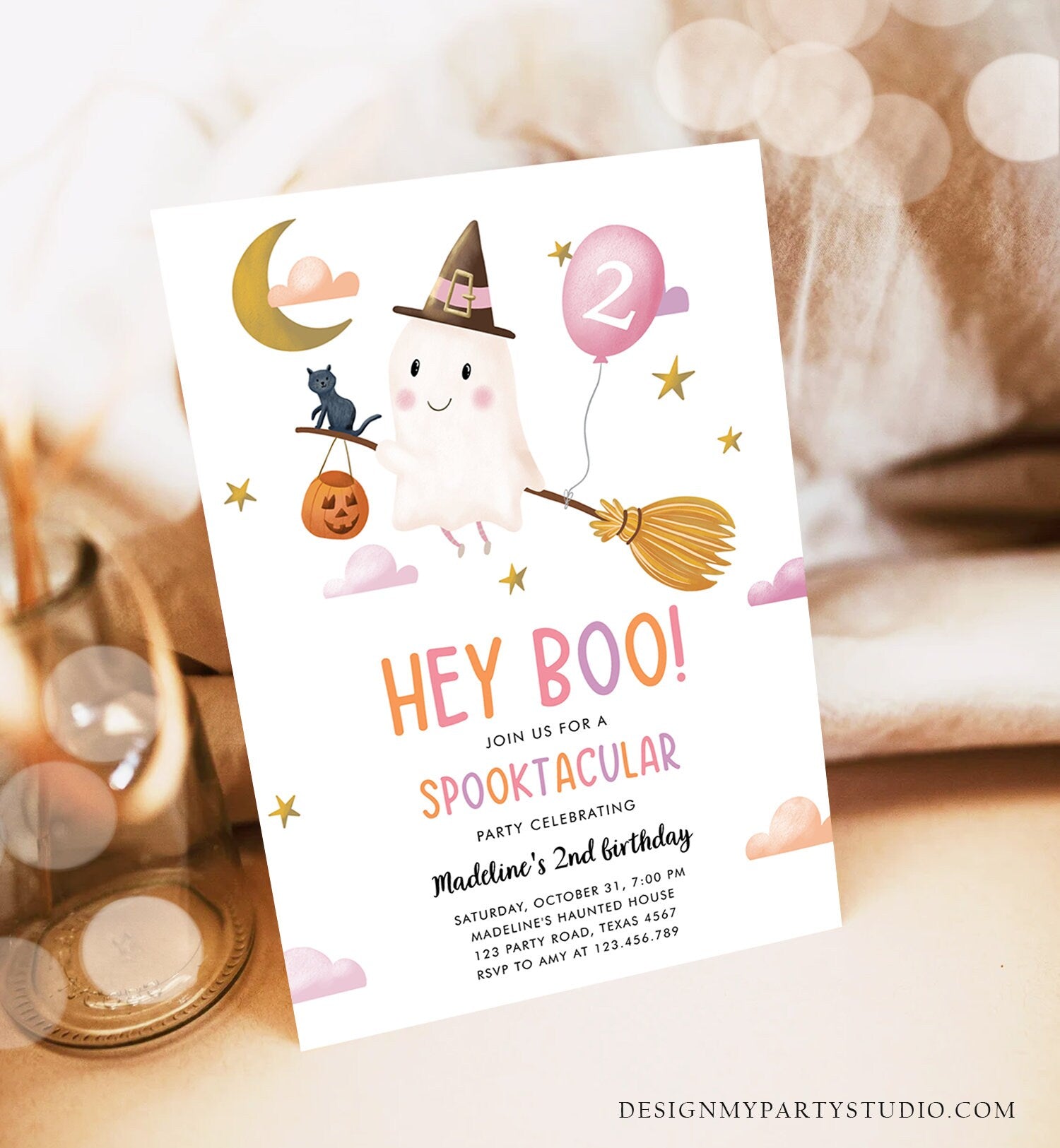 Editable Halloween Birthday Invitation Girl Ghost Costume Party Pink Kids Spooktacular Spooky Hey Boo Printable Template Evite 0479 0009