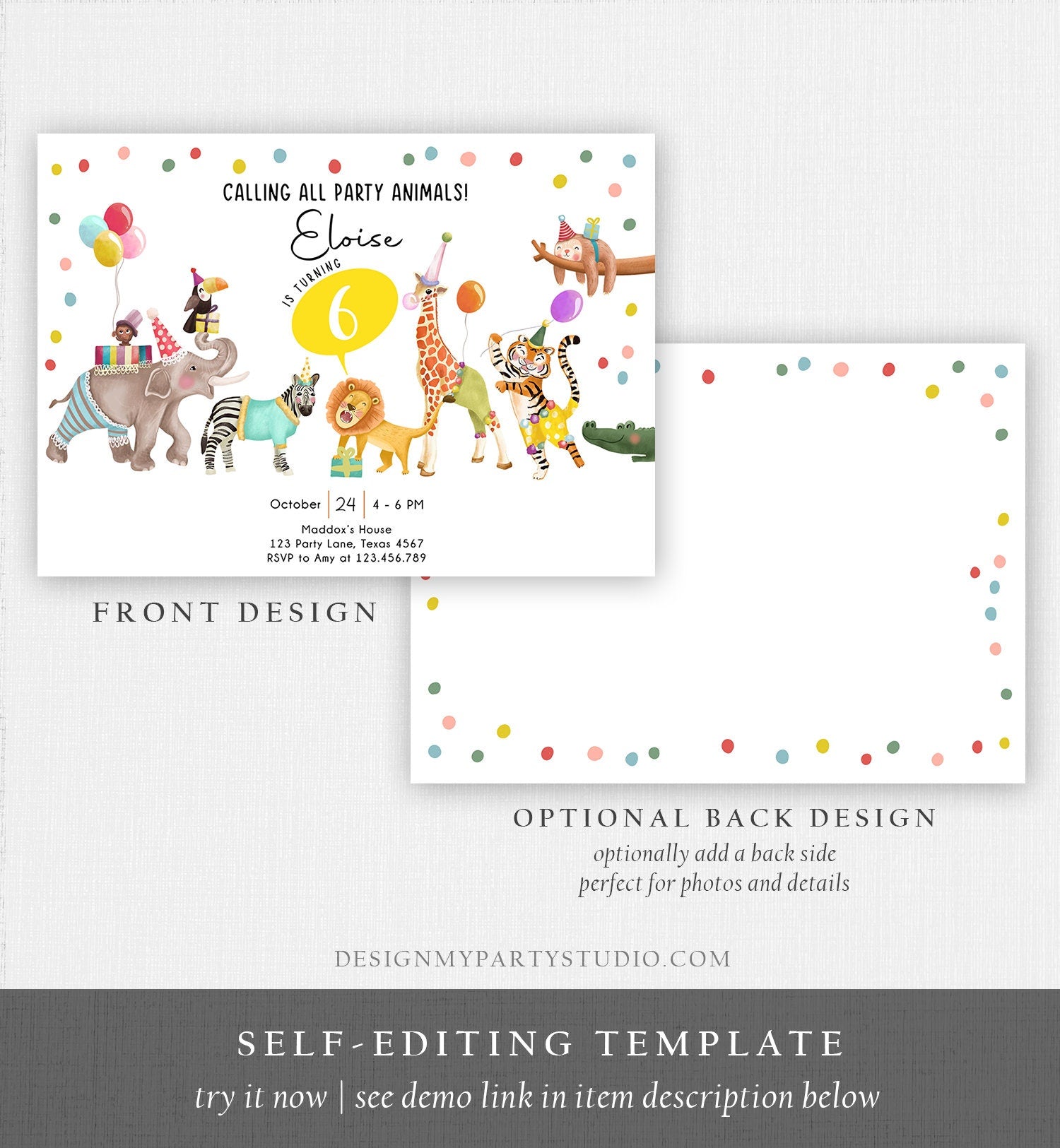 Editable Calling All Party Animals Birthday Invitation Wild One Jungle Zoo Safari Animals Boy Girl Digital Evite Template Printable 0482
