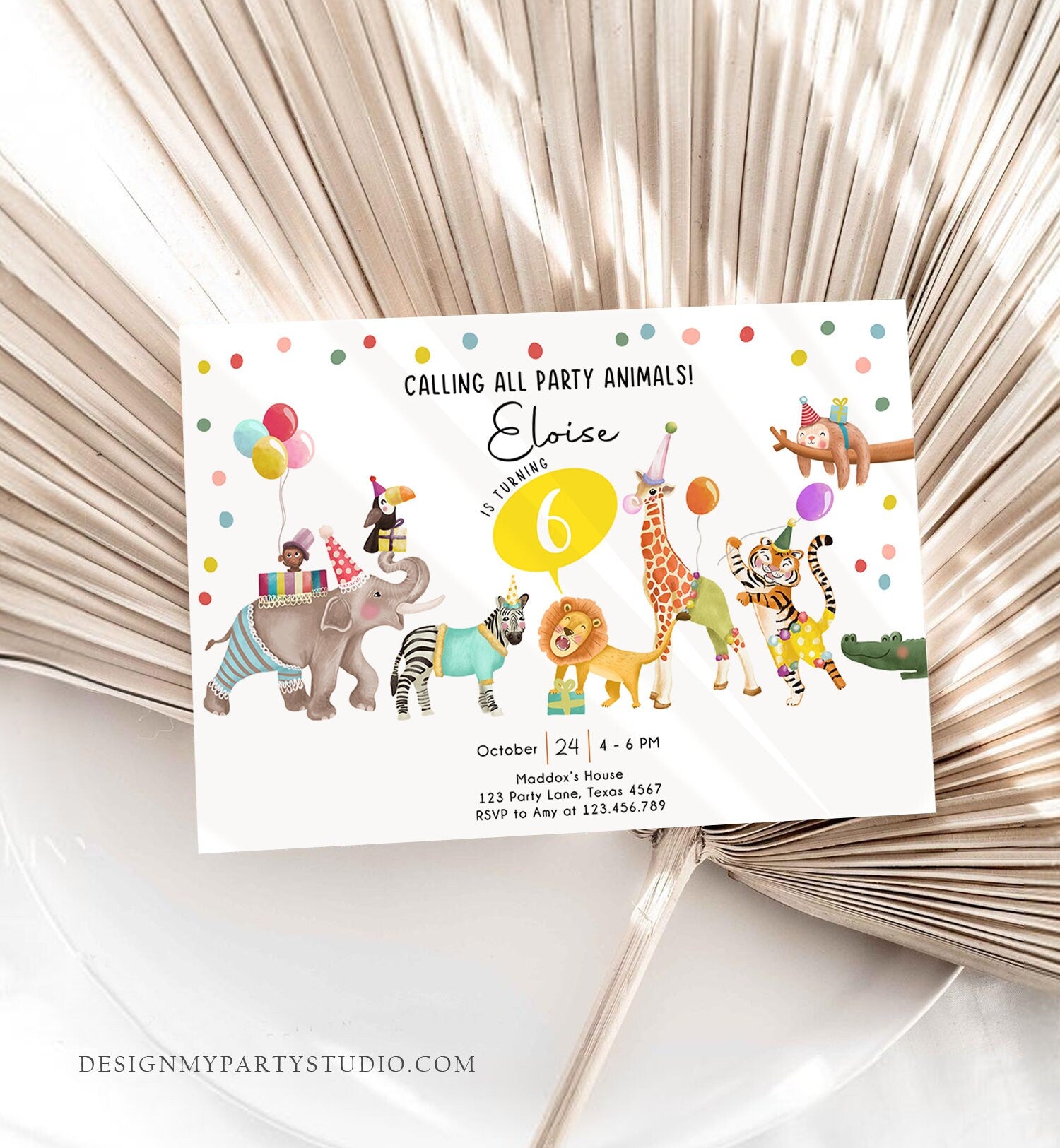 Editable Calling All Party Animals Birthday Invitation Wild One Jungle Zoo Safari Animals Boy Girl Digital Evite Template Printable 0482