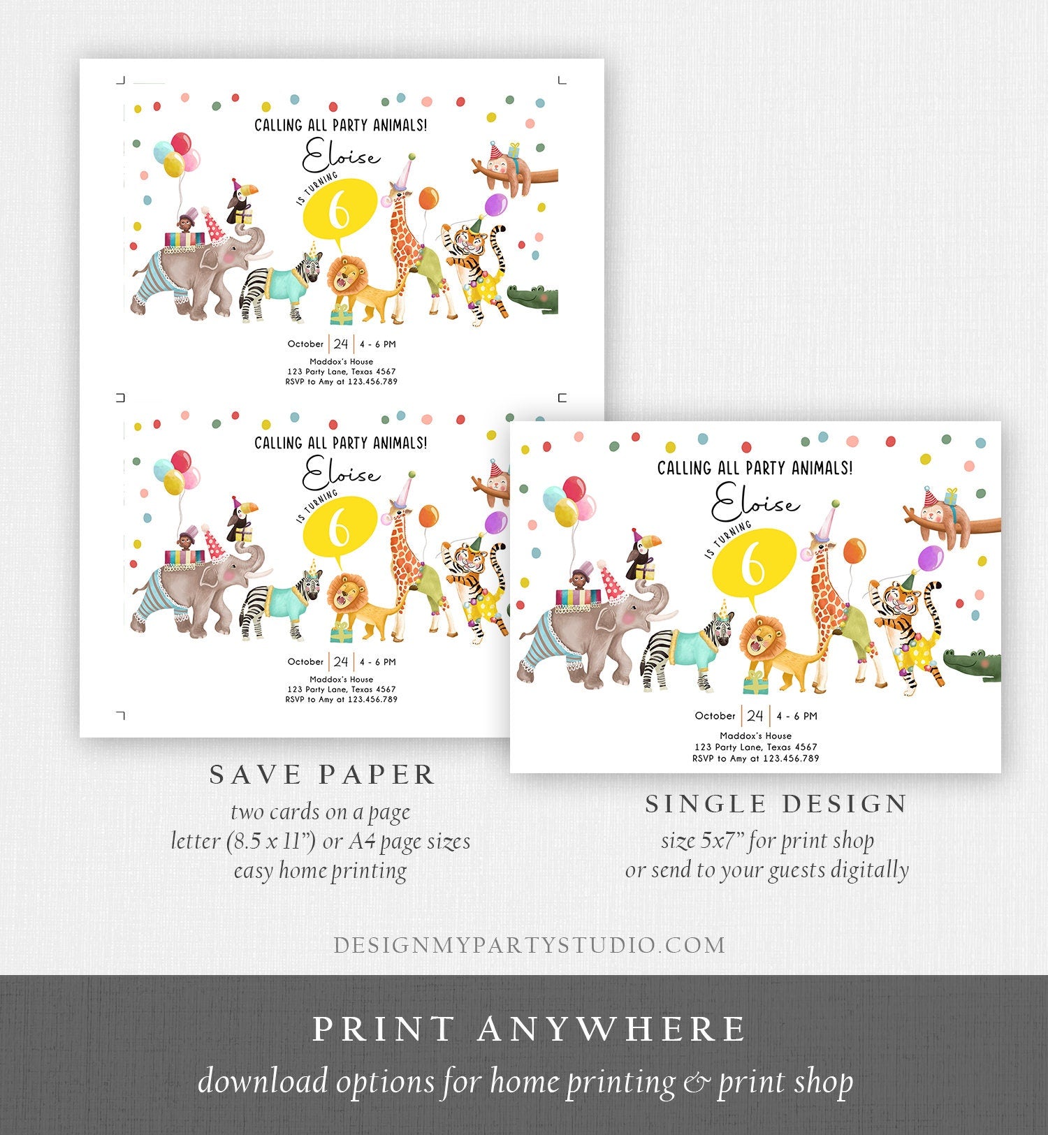 Editable Calling All Party Animals Birthday Invitation Wild One Jungle Zoo Safari Animals Boy Girl Digital Evite Template Printable 0482