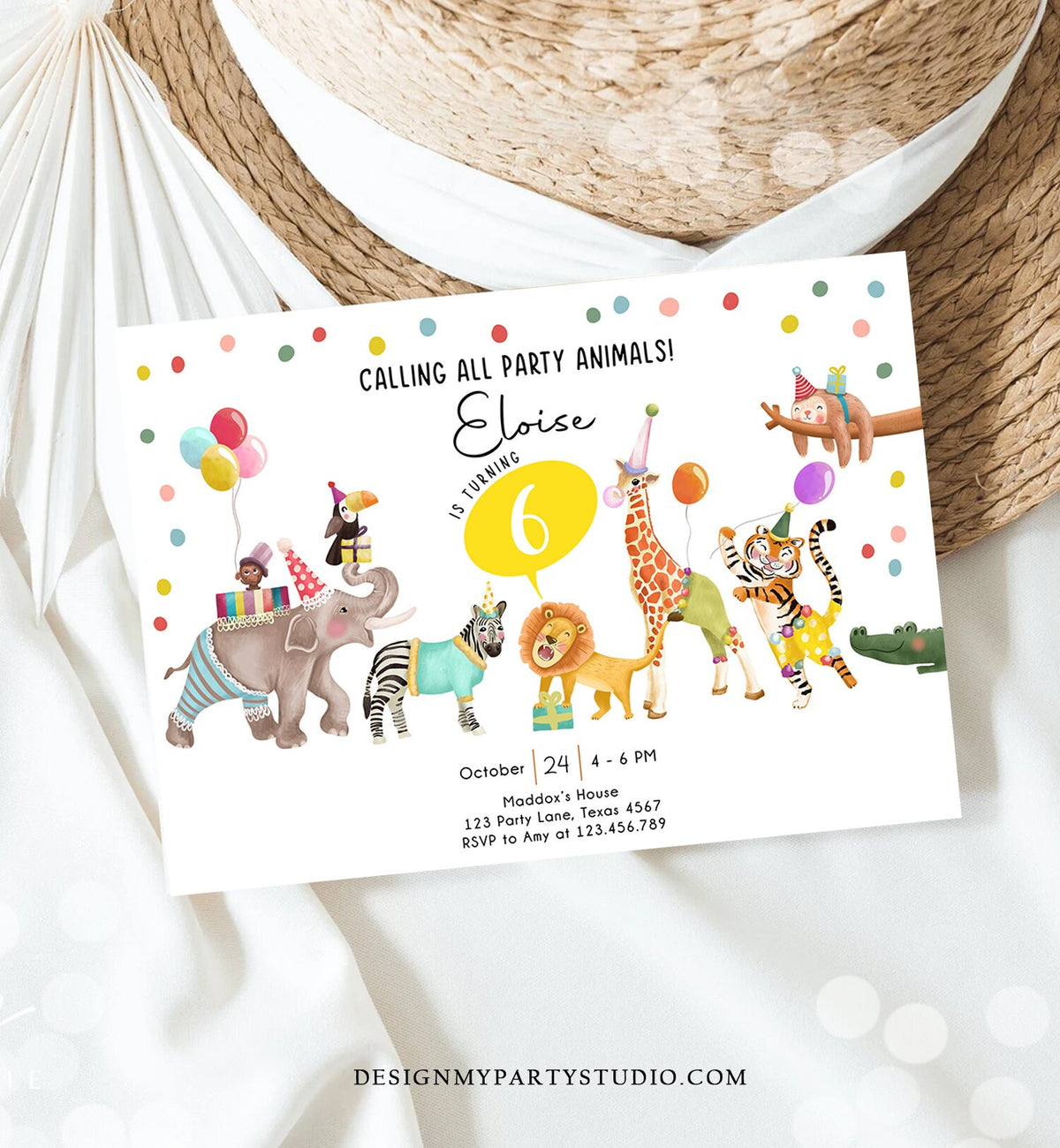 Editable Calling All Party Animals Birthday Invitation Wild One Jungle Zoo Safari Animals Boy Girl Digital Evite Template Printable 0482