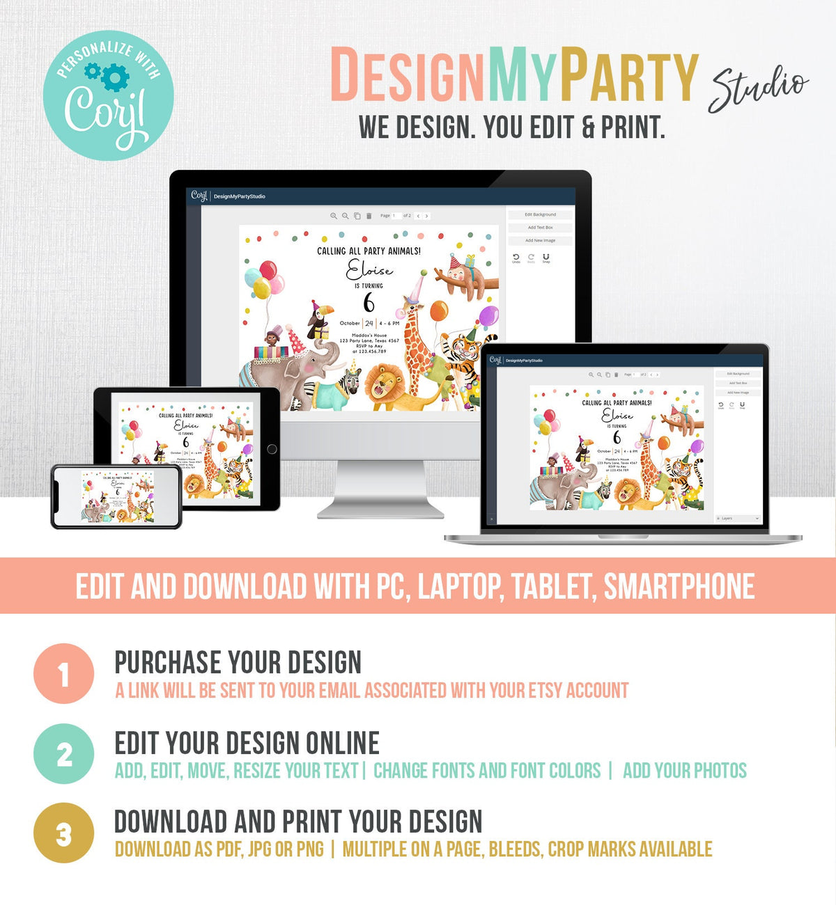 Editable Calling All Party Animals Birthday Invitation Wild One Jungle Zoo Safari Animals Boy Girl Digital Evite Template Printable 0482