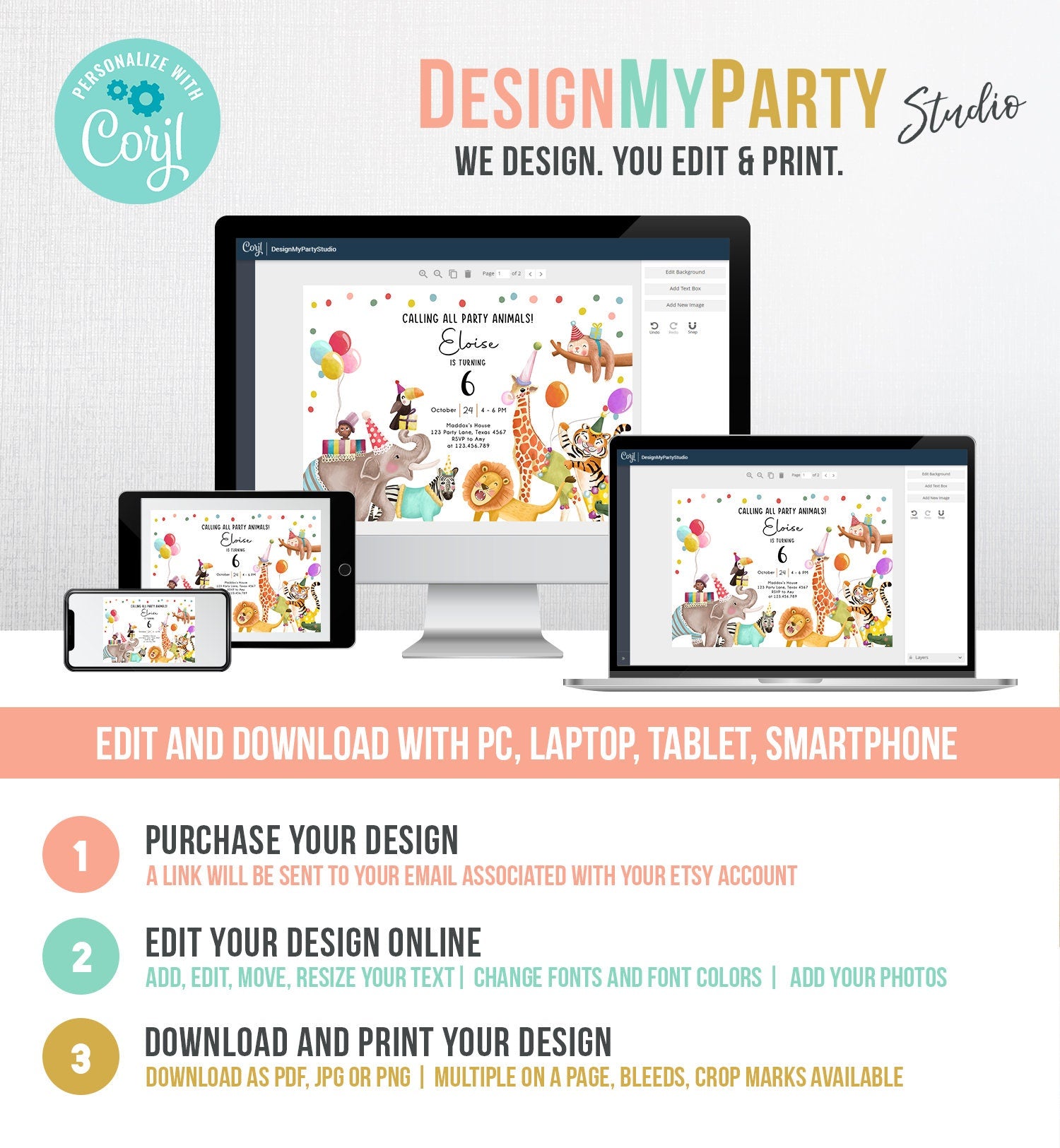 Editable Calling All Party Animals Birthday Invitation Wild One Jungle Zoo Safari Animals Boy Girl Digital Evite Template Printable 0482