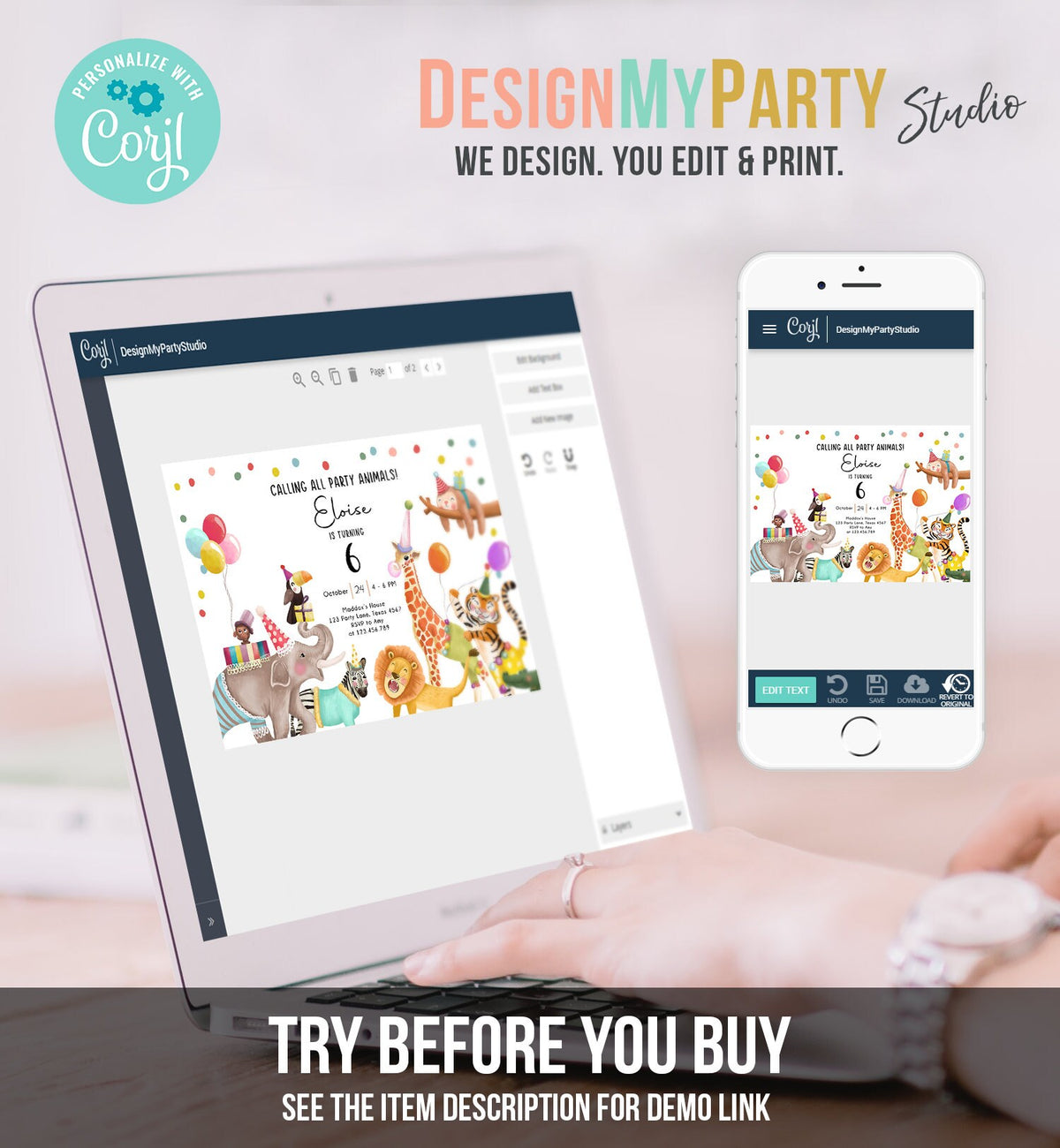 Editable Calling All Party Animals Birthday Invitation Wild One Jungle Zoo Safari Animals Boy Girl Digital Evite Template Printable 0482