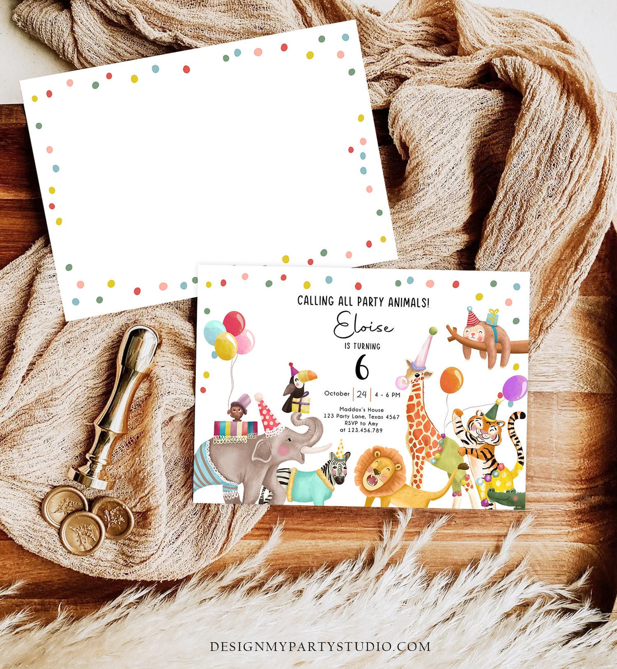 Editable Calling All Party Animals Birthday Invitation Wild One Jungle Zoo Safari Animals Boy Girl Digital Evite Template Printable 0482