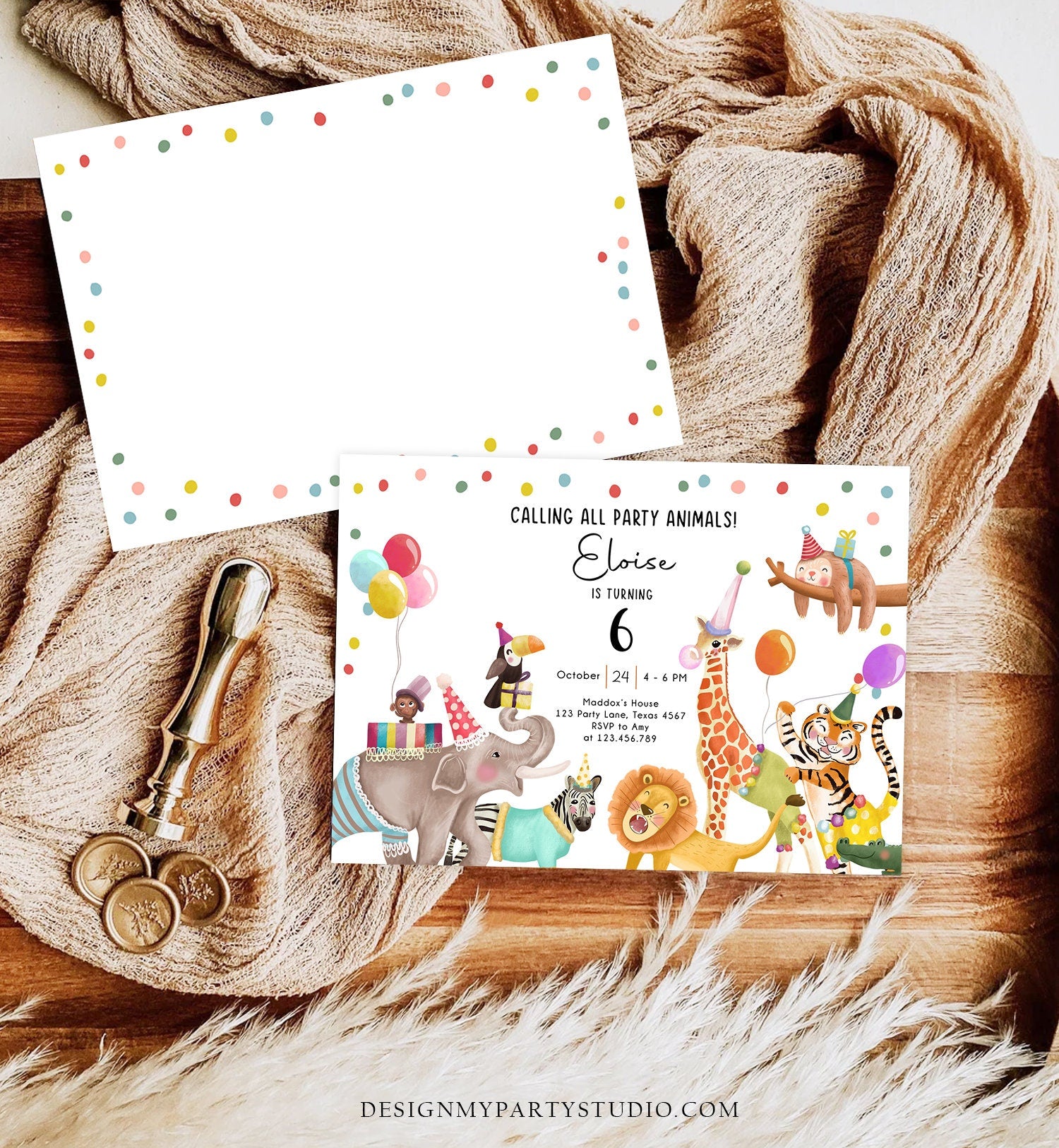 Editable Calling All Party Animals Birthday Invitation Wild One Jungle Zoo Safari Animals Boy Girl Digital Evite Template Printable 0482