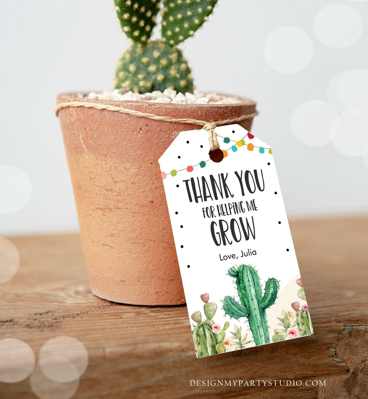 Editable Teacher Appreciation Favor Tags Thank You for Helping me Grow Succulent Fiesta Cactus Teacher Tag Digital Template Printable 0464