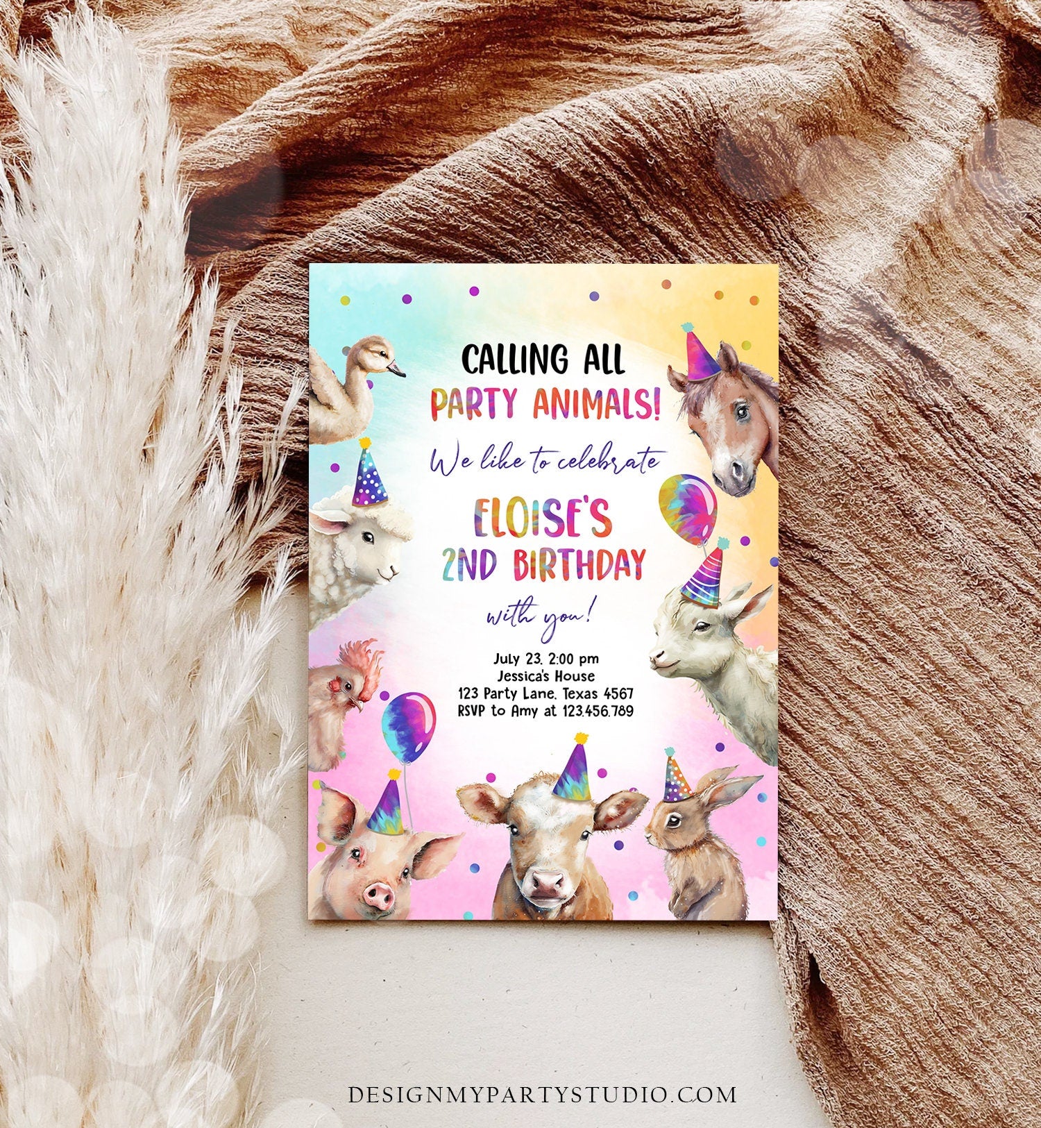 Editable Farm Animals Birthday Invitation Girl Farm Barnyard First Birthday Party Animals Confetti Digital Download Template Printable 0483