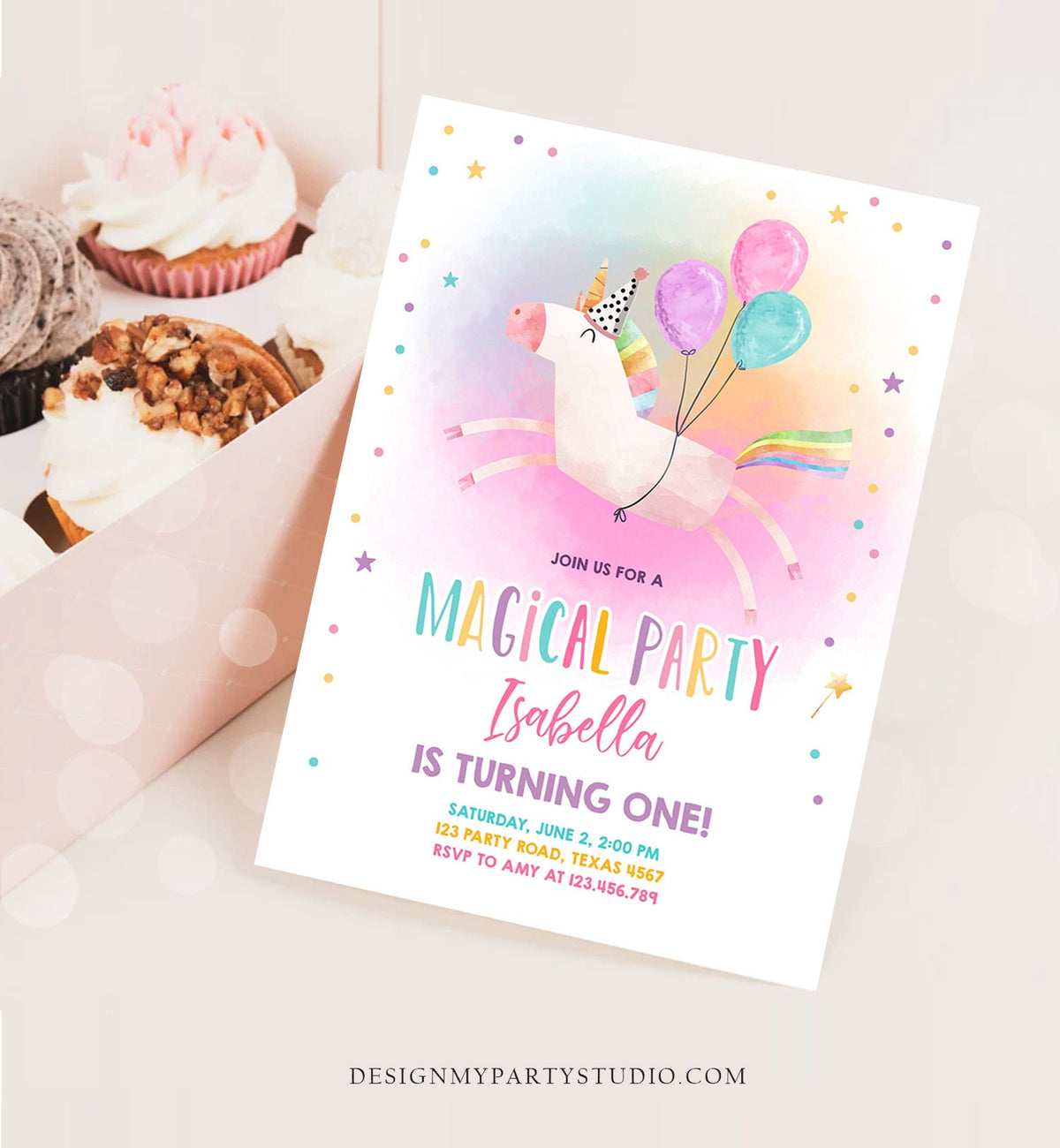 Editable Unicorn Birthday Invitation Magical Party Invite Girl Pink First Birthday Digital Invite Template Rainbow Download Corjl 0336