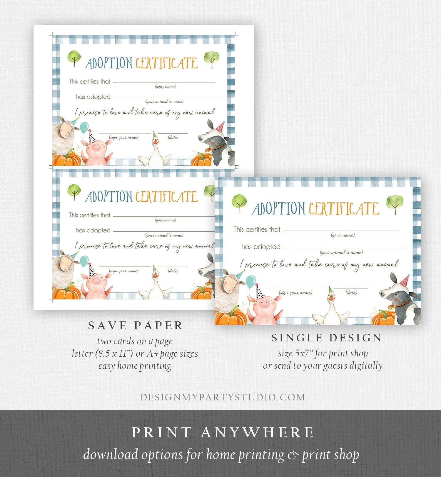 Adopt an Animal Adoption Certificate Farm Animals Adoption Pumpkin Fall Barn Farm Birthday Barnyard Boy Download Digital PRINTABLE 0155