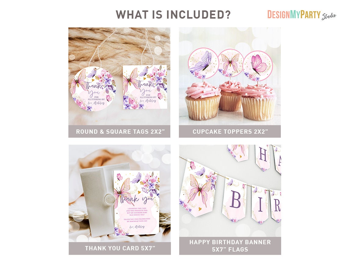 Butterfly Birthday Invitation Bundle Butterflies Kisses Floral Pink Girl Lavender Flutter On Package 1st First Printable Corjl Template 0437