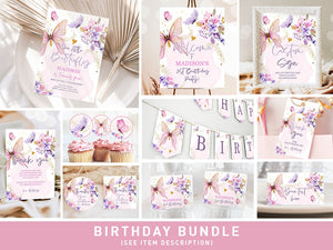 Butterfly Birthday Invitation Bundle Butterflies Kisses Floral Pink Girl Lavender Flutter On Package 1st First Printable Corjl Template 0437