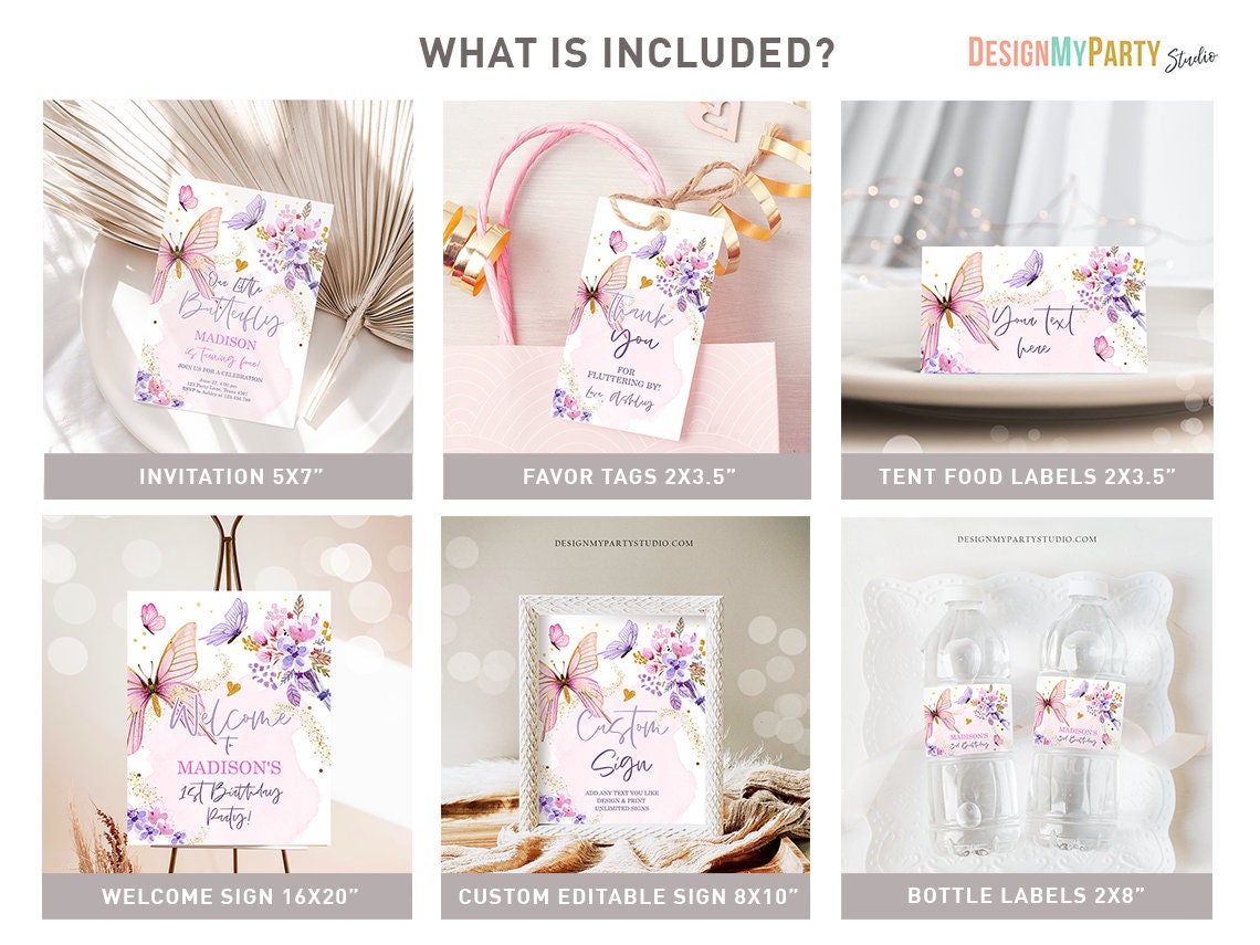 Butterfly Birthday Invitation Bundle Butterflies Kisses Floral Pink Girl Lavender Flutter On Package 1st First Printable Corjl Template 0437