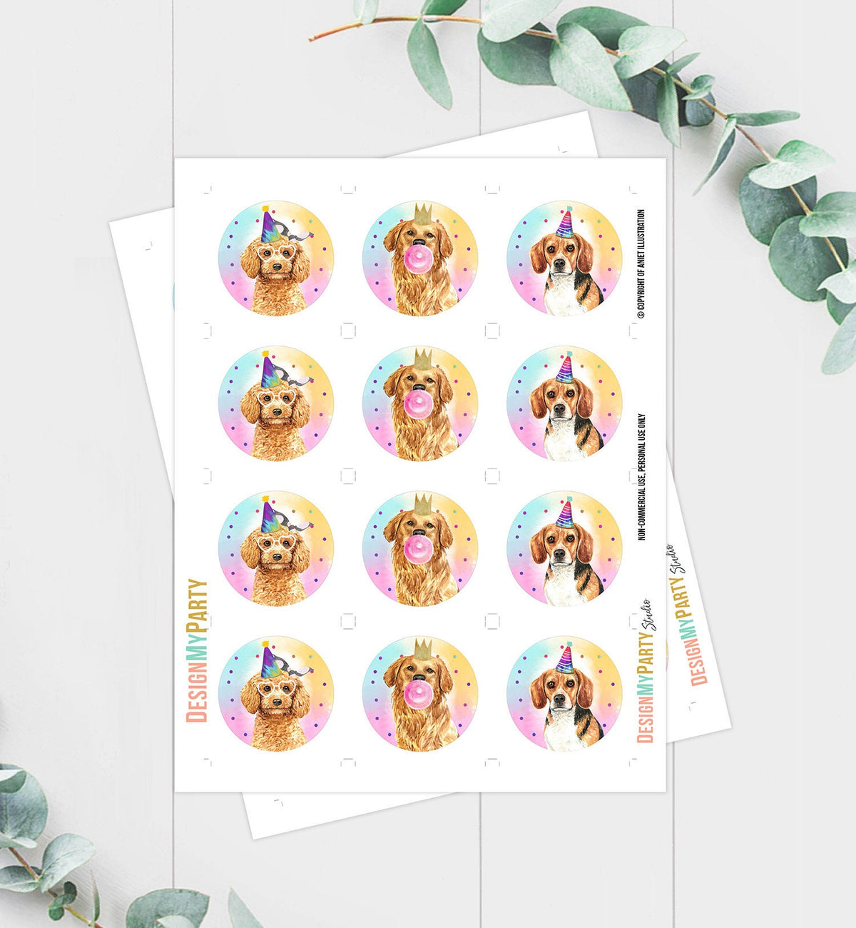Dogs Cupcake Toppers Puppy Favor Tags Puppy Birthday Rainbow Pink Girl Party Animals Birthday Decor Download Digital PRINTABLE 0460