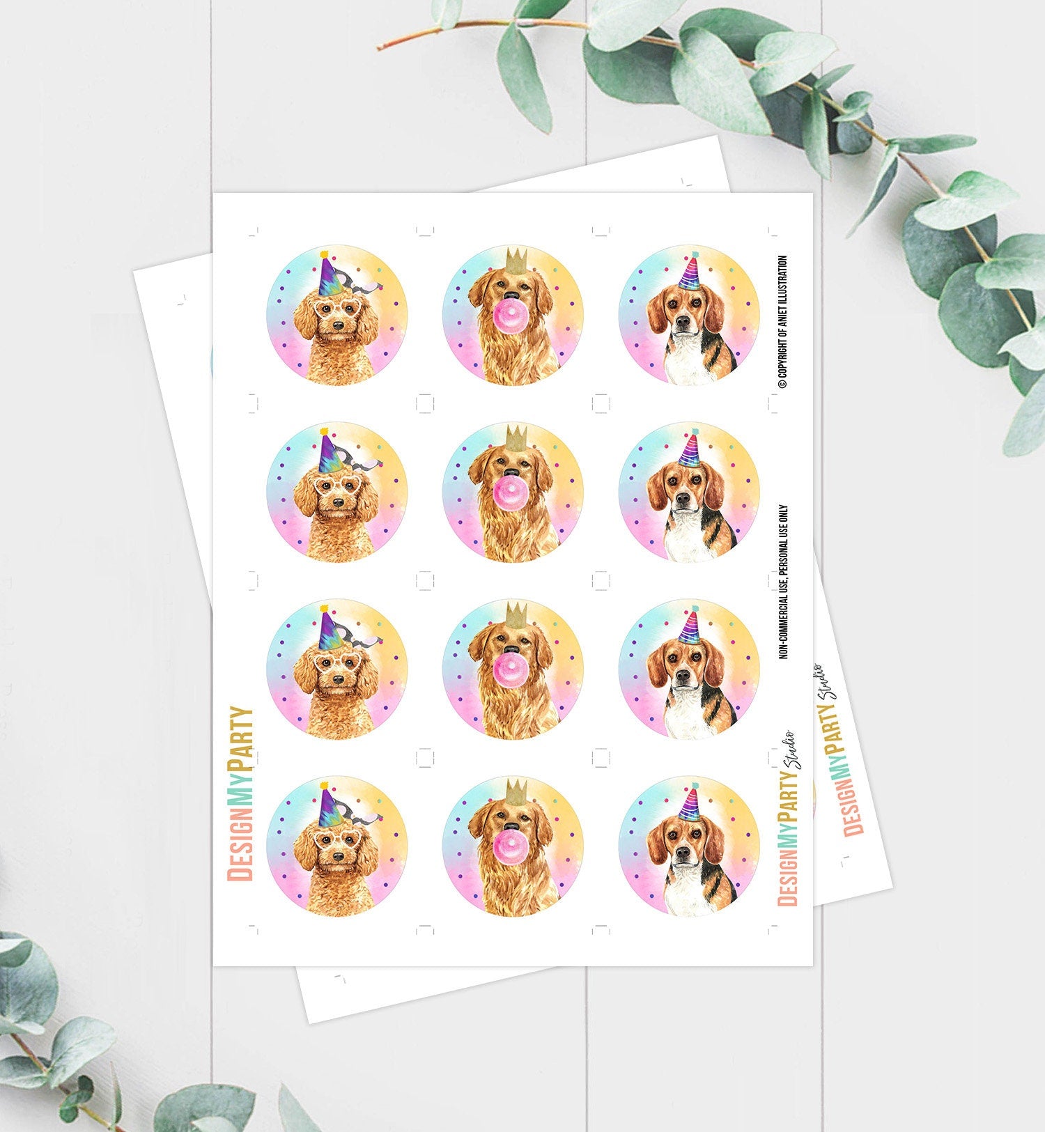 Dogs Cupcake Toppers Puppy Favor Tags Puppy Birthday Rainbow Pink Girl Party Animals Birthday Decor Download Digital PRINTABLE 0460