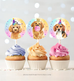Dogs Cupcake Toppers Puppy Favor Tags Puppy Birthday Rainbow Pink Girl Party Animals Birthday Decor Download Digital PRINTABLE 0460