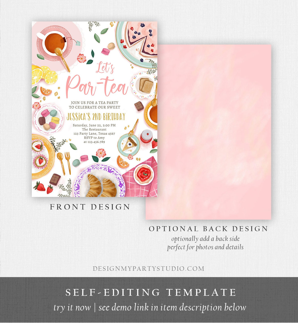 Editable Tea Party Birthday Invitation Girl Par-Tea Floral Pink Gold Whimsical Tea Digital Download Evite Template Printable 0478