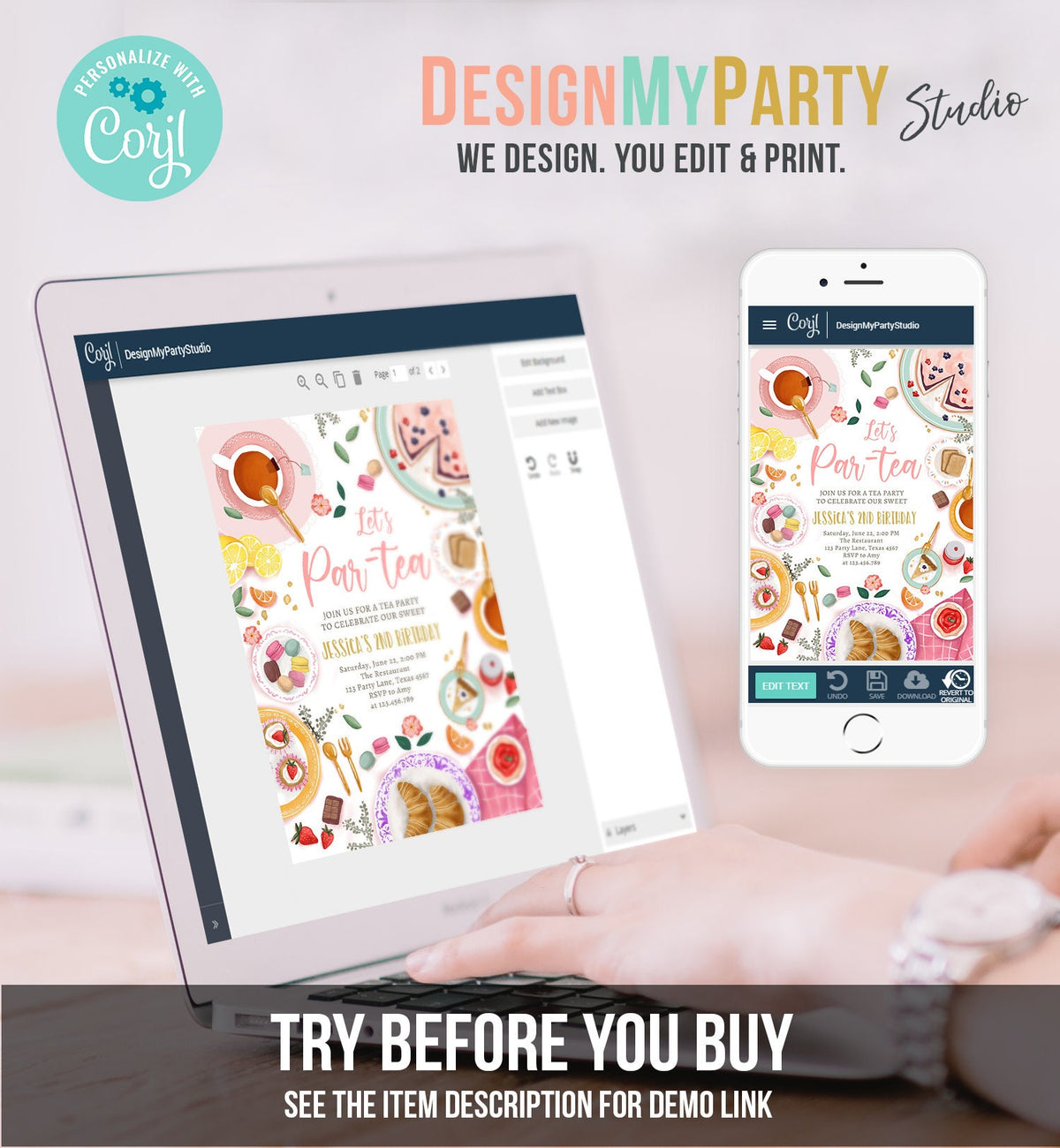 Editable Tea Party Birthday Invitation Girl Par-Tea Floral Pink Gold Whimsical Tea Digital Download Evite Template Printable 0478