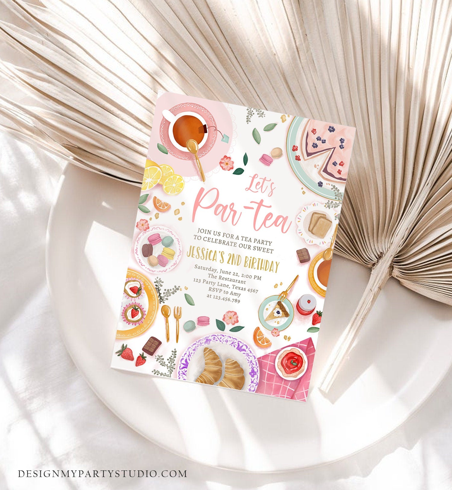 Editable Tea Party Birthday Invitation Girl Par-Tea Floral Pink Gold Whimsical Tea Digital Download Evite Template Printable 0478