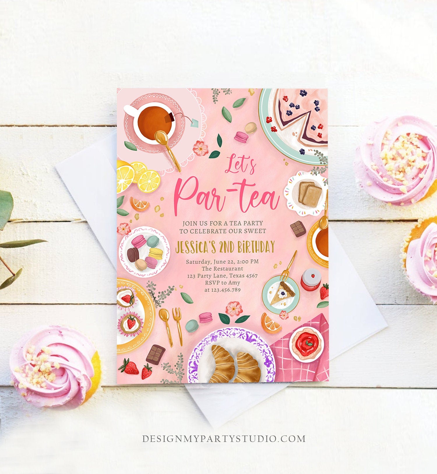 Editable Tea Party Birthday Invitation Girl Par-Tea Invite Floral Pink Gold Whimsical Tea Download Printable Template Corjl Digital 0478