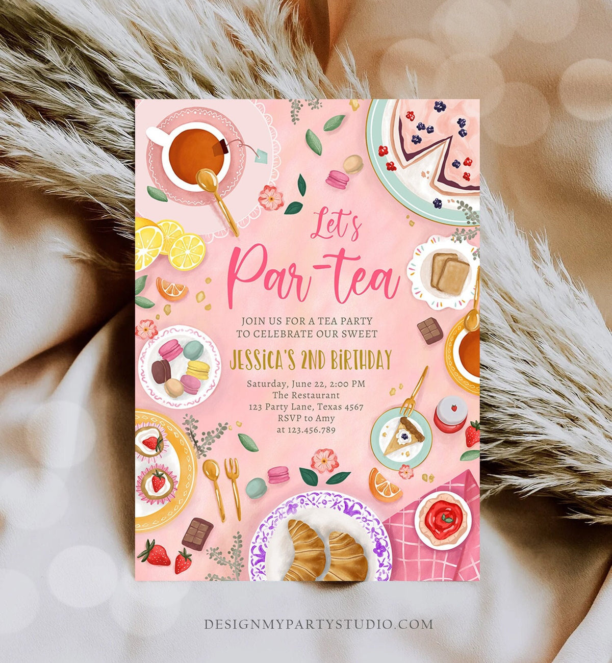 Editable Tea Party Birthday Invitation Girl Par-Tea Invite Floral Pink Gold Whimsical Tea Download Printable Template Corjl Digital 0478