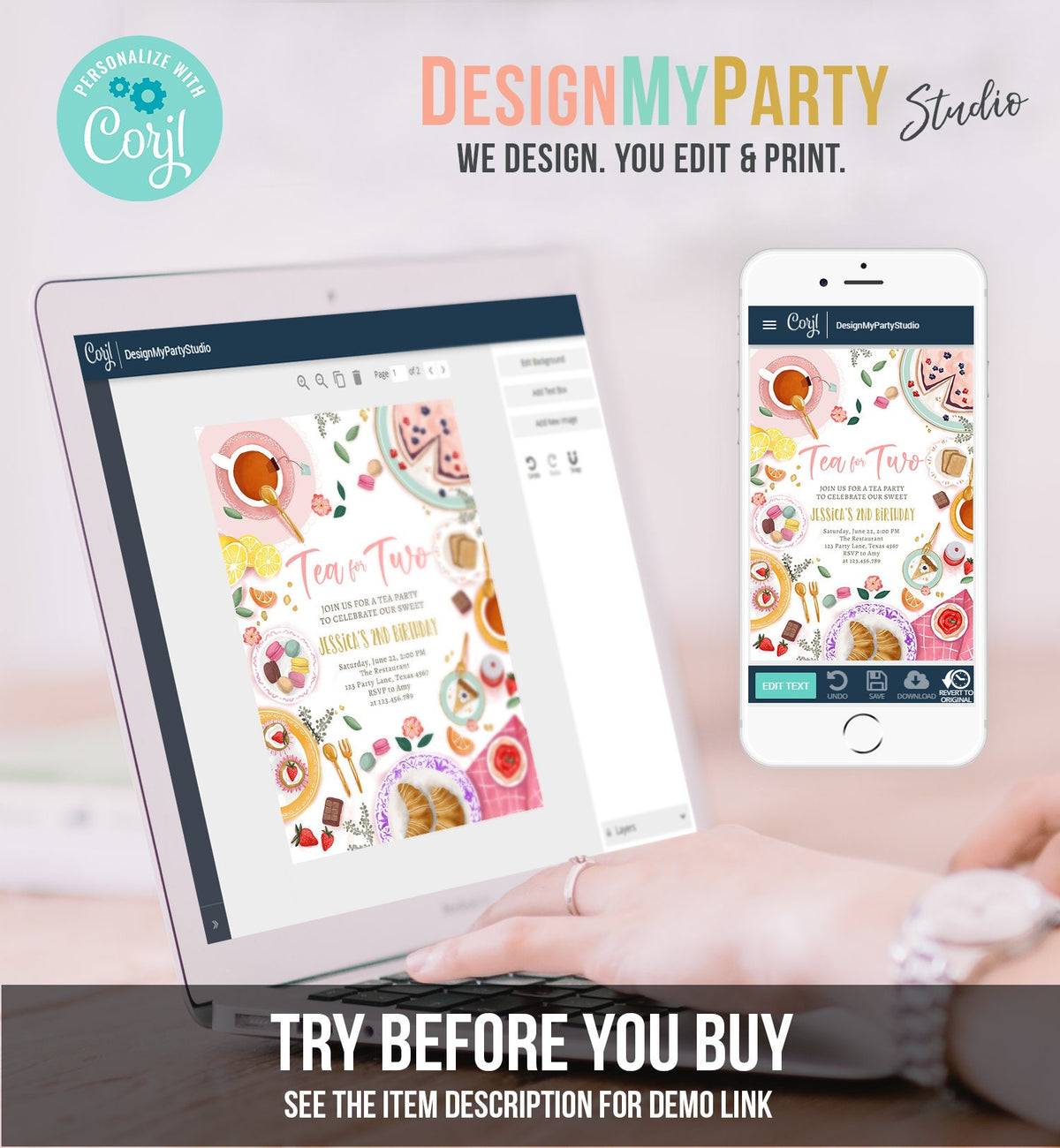 Editable Tea for Two Birthday Invitation Girl Tea Party Invite Pink Gold Floral Peach Pink Download Printable Template Corjl Digital 0478