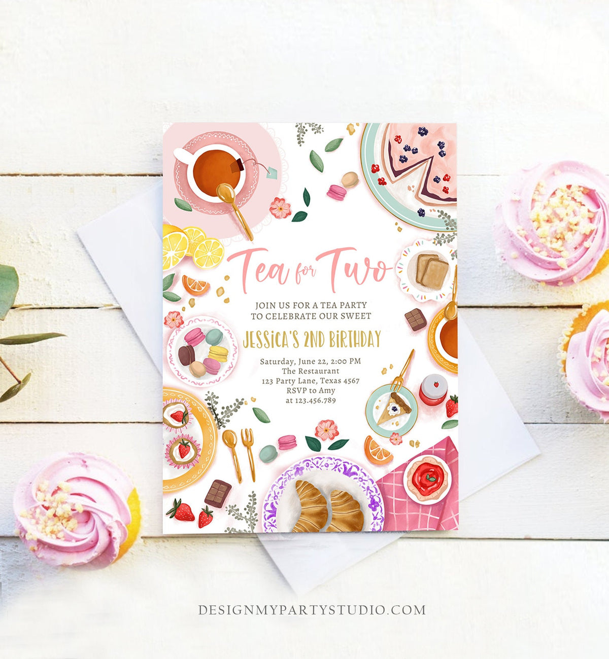 Editable Tea for Two Birthday Invitation Girl Tea Party Invite Pink Gold Floral Peach Pink Download Printable Template Corjl Digital 0478