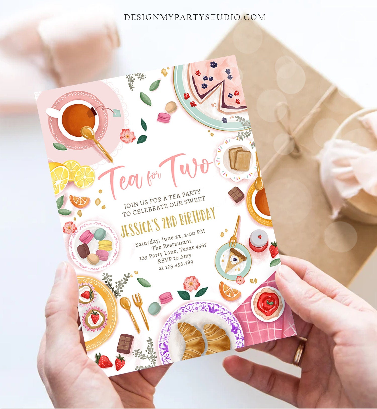 Editable Tea for Two Birthday Invitation Girl Tea Party Invite Pink Gold Floral Peach Pink Download Printable Template Corjl Digital 0478
