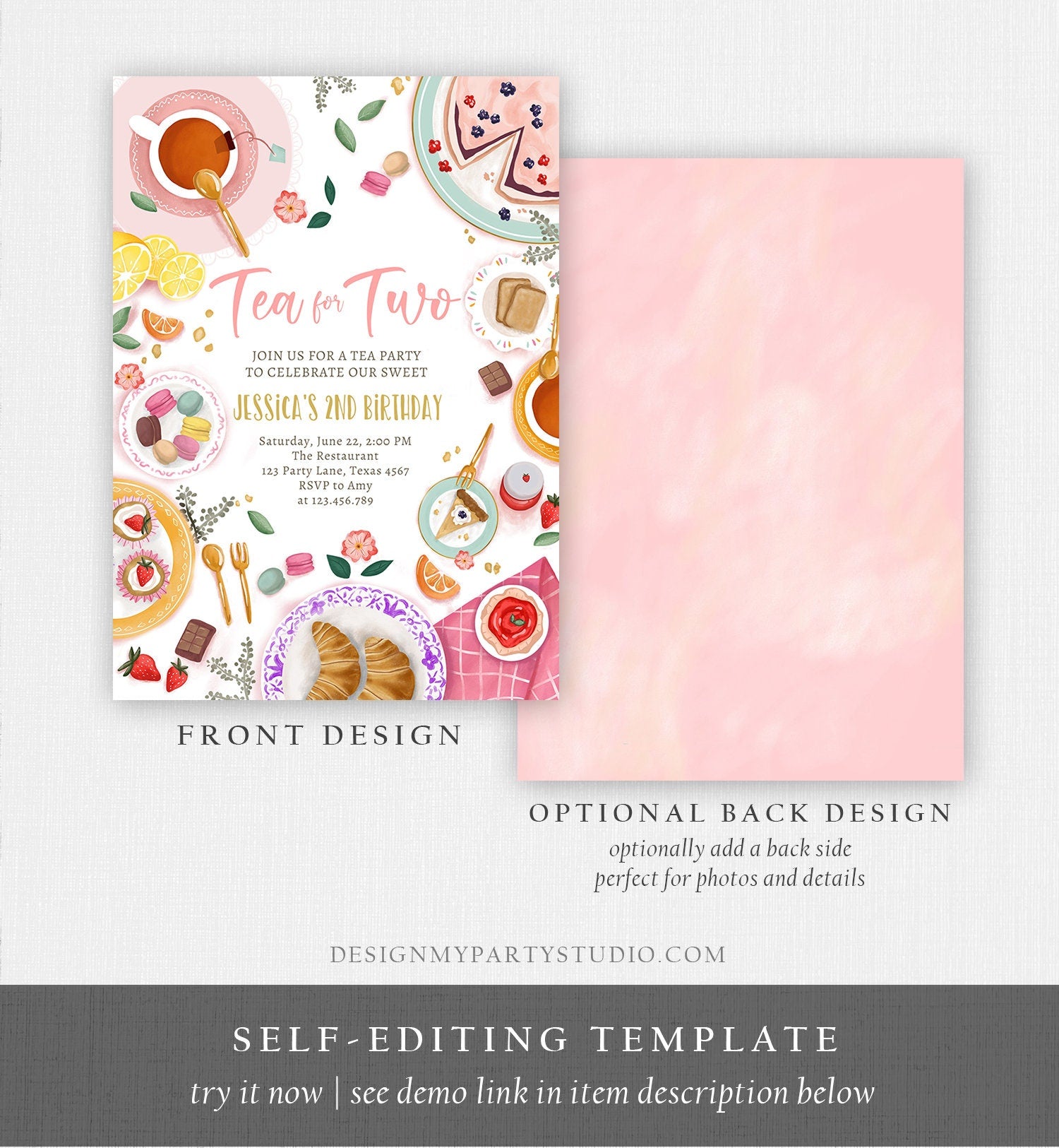 Editable Tea for Two Birthday Invitation Girl Tea Party Invite Pink Gold Floral Peach Pink Download Printable Template Corjl Digital 0478