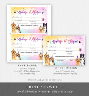 Pet Adoption Certificate Dogs Adoption Dog Birthday Party Adopt A Puppy Girl Pink Pawty Adoption Instant Download Digital PRINTABLE 0460