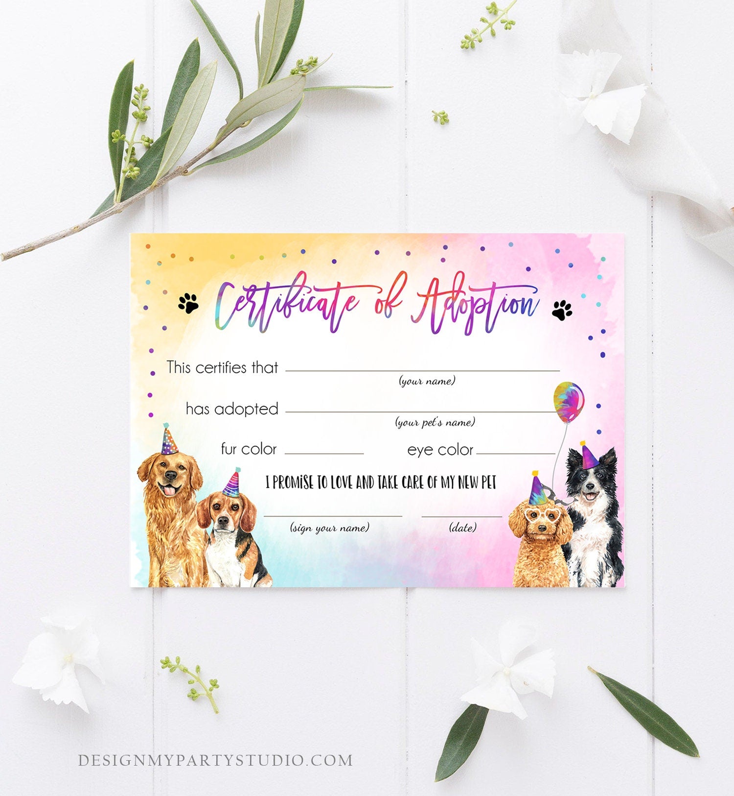Pet Adoption Certificate Dogs Adoption Dog Birthday Party Adopt A Puppy Girl Pink Pawty Adoption Instant Download Digital Printable 0460