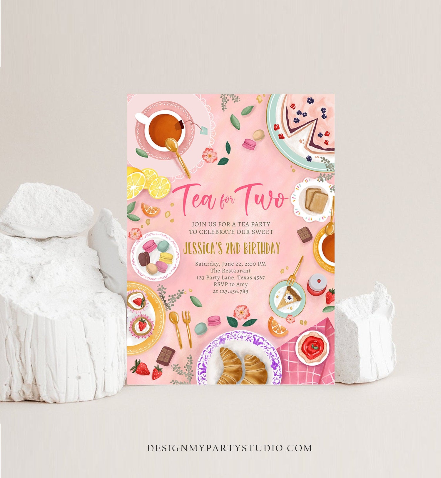 Editable Tea for Two Birthday Invitation Girl Tea Party Invite Pink Gold Floral Peach Pink Download Printable Template Corjl Digital 0478