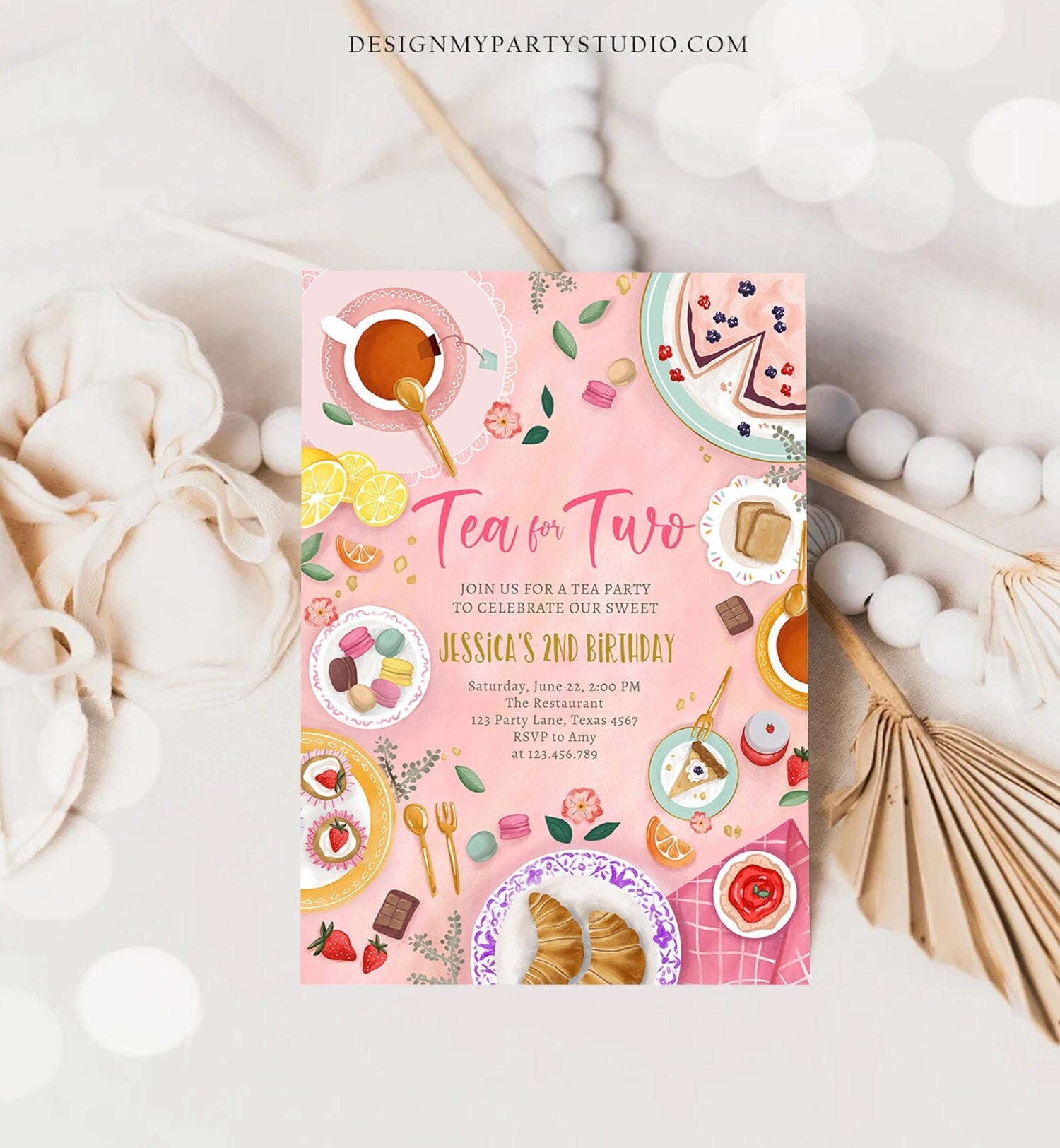 Editable Tea for Two Birthday Invitation Girl Tea Party Invite Pink Gold Floral Peach Pink Download Printable Template Corjl Digital 0478