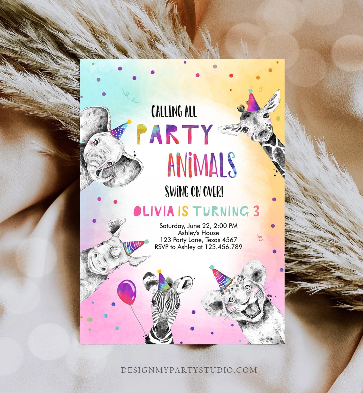 Editable Party Animals Birthday Invitation Wild One Animals Invitation Zoo Safari Animals Girl Digital Download Template Printable 0486