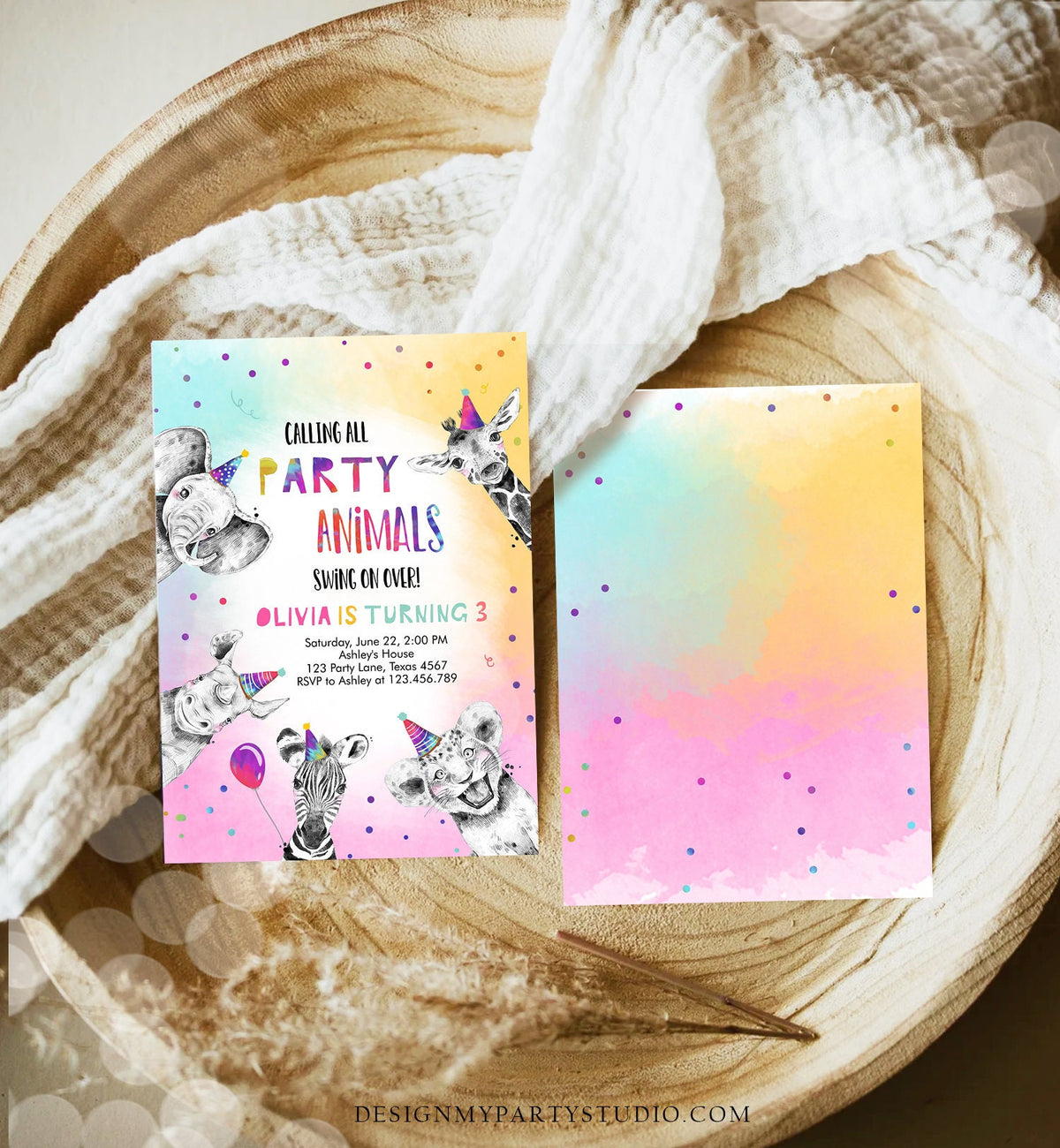 Editable Party Animals Birthday Invitation Wild One Animals Invitation Zoo Safari Animals Girl Digital Download Template Printable 0486