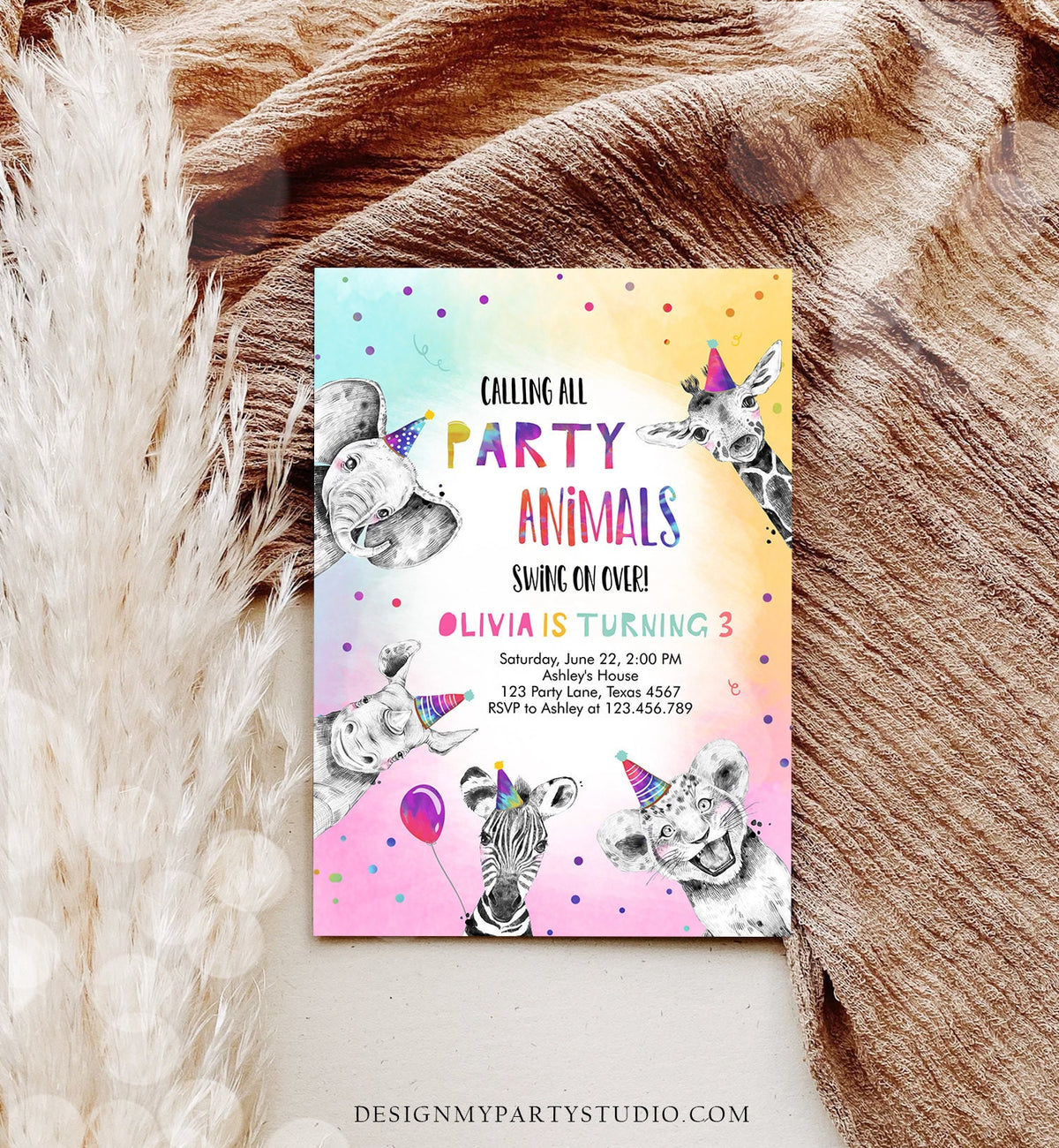 Editable Party Animals Birthday Invitation Wild One Animals Invitation Zoo Safari Animals Girl Digital Download Template Printable 0486