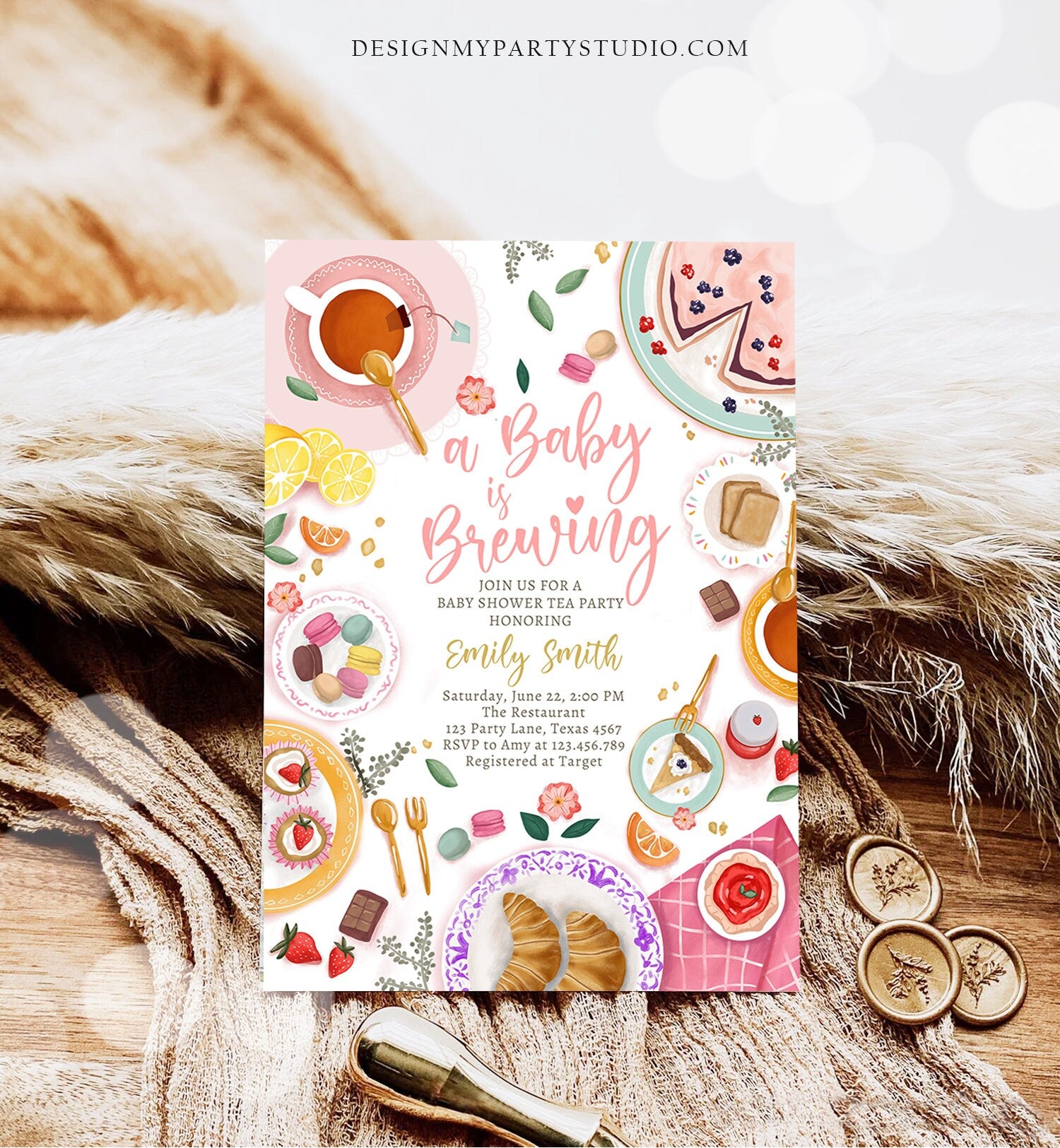 Editable Tea Party Baby Shower Invitation Tea Shower Sprinkle Floral Pink Gold Blush Brunch Pastry Download Corjl Template Printable 0478