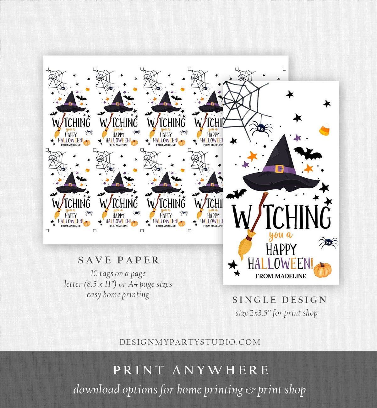 Editable Halloween Favor Tags Witching You a Happy Halloween Trick Or Treat Favor Halloween Party Digital Download Template Printable 0261