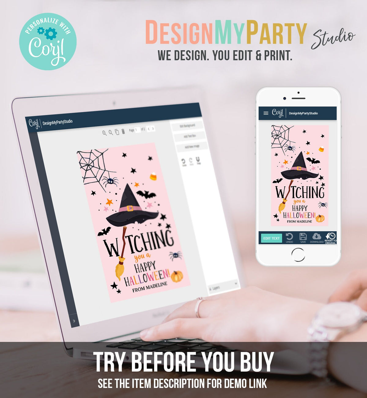 Editable Halloween Favor Tags Witching You a Happy Halloween Trick Or Treat Favor Birthday Party Digital Download Template Printable 0261