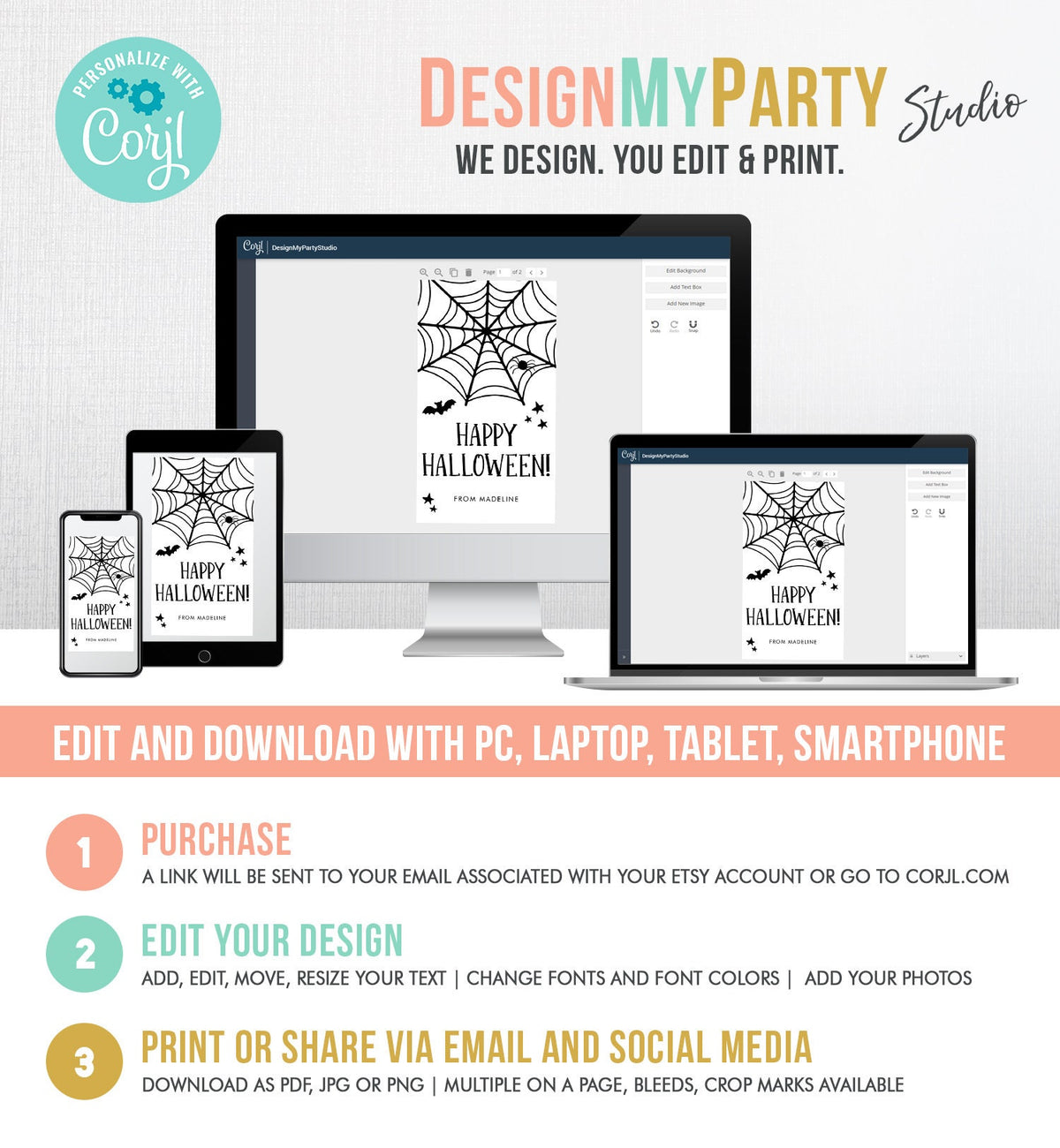 Editable Happy Halloween Gift Tags Trick Or Treat Favor Tags Spiderweb Treat Bag Spooky Personalized Download Template Printable 0261 0009